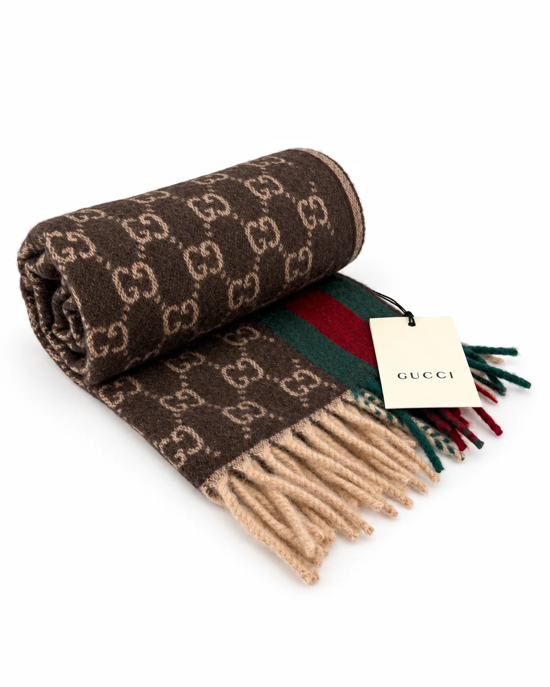 Monogram Brown Cashmere & Wool Scarf with Green & Red Web Stripe - Image 6