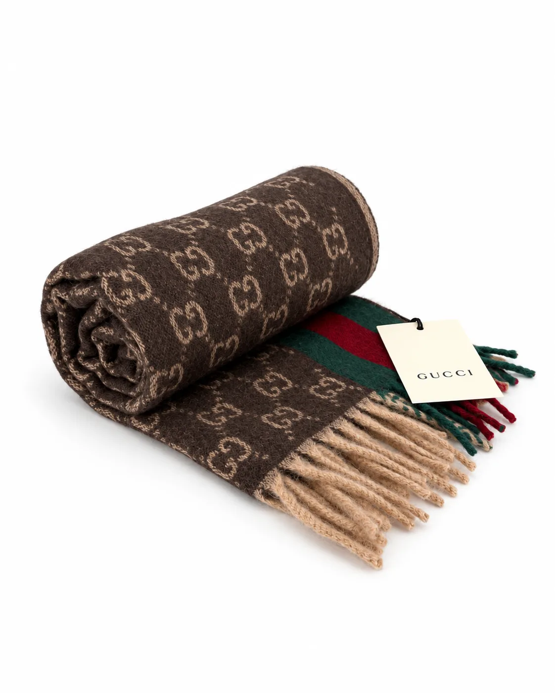 Monogram Brown Cashmere & Wool Scarf with Green & Red Web Stripe - Image 7