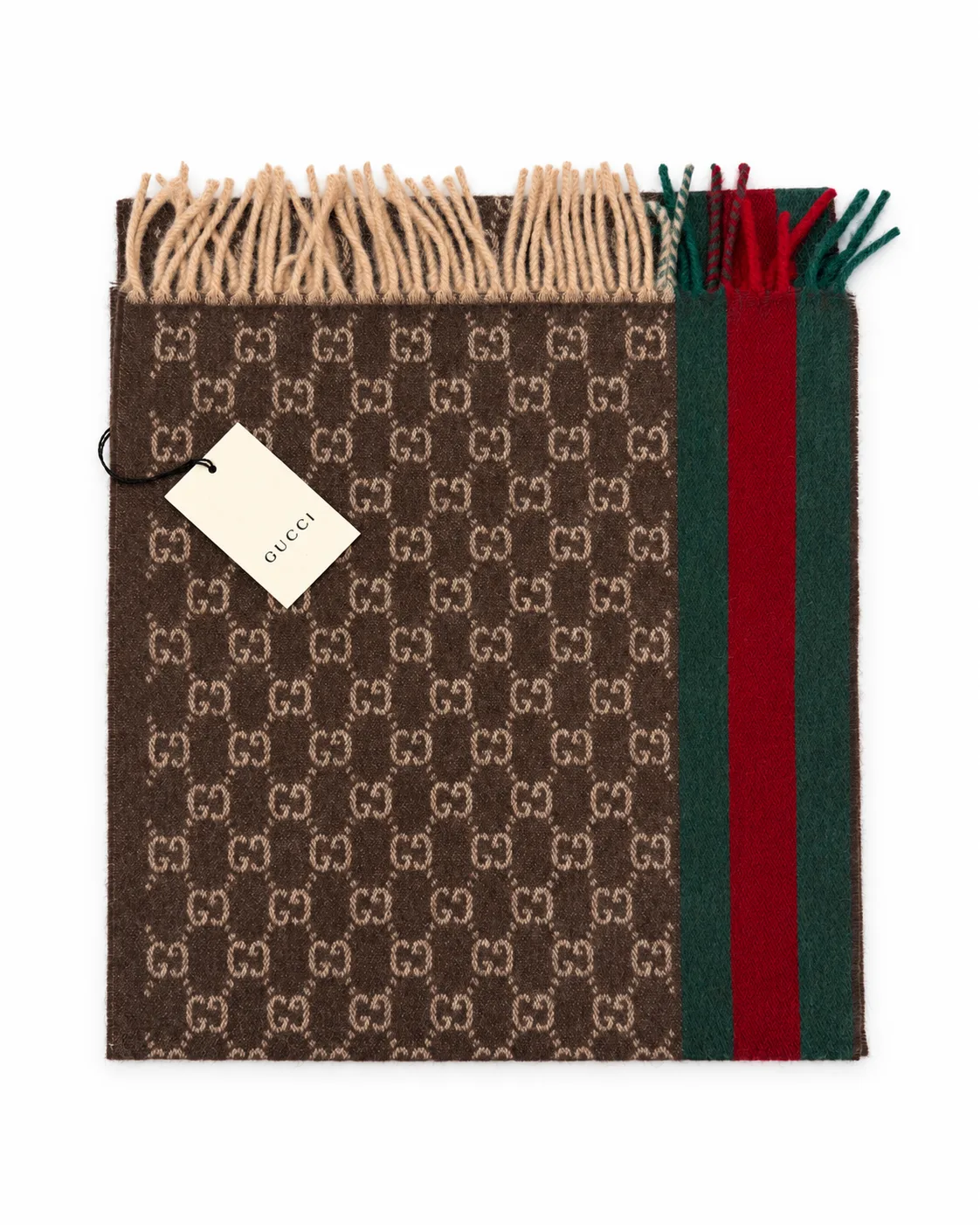 Monogram Brown Cashmere & Wool Scarf with Green & Red Web Stripe - Image 8