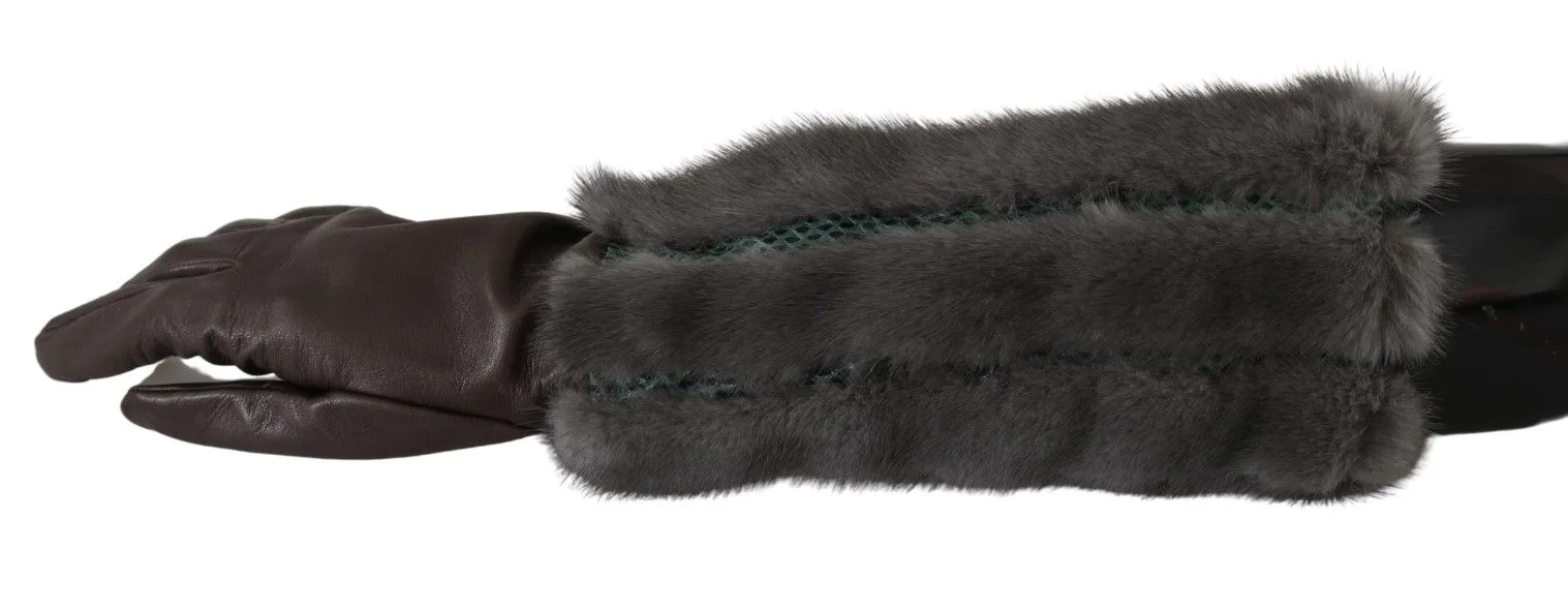 Brown Mid Arm Length Leather Fur Gloves - Image 2
