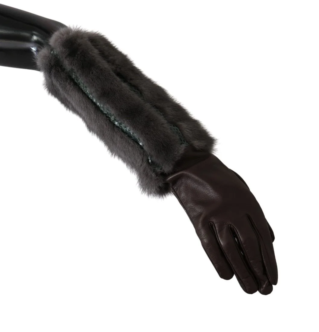 Brown Mid Arm Length Leather Fur Gloves - Image 3