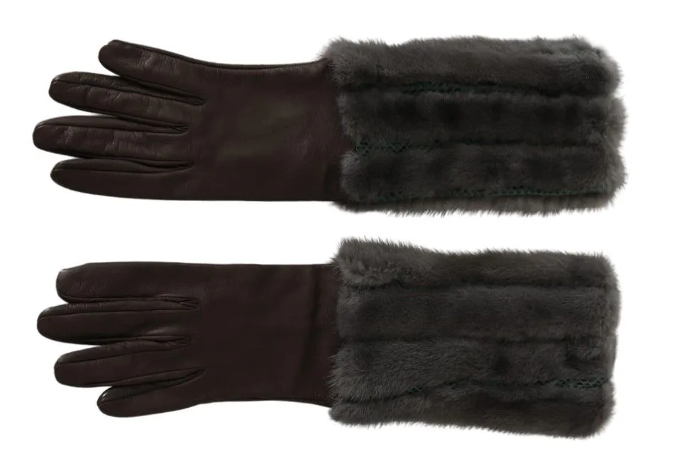 Brown Mid Arm Length Leather Fur Gloves - Image 4