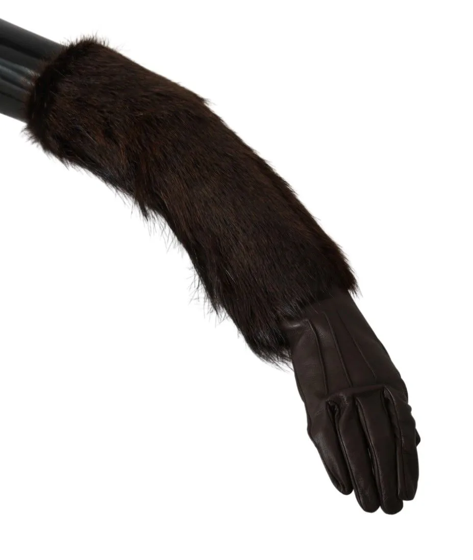 Brown Elbow Length Mittens Leather Fur Gloves - Image 2