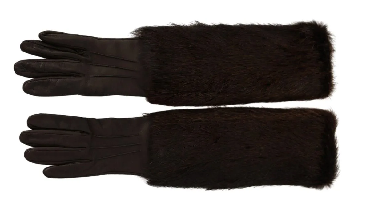Brown Elbow Length Mittens Leather Fur Gloves - Image 3