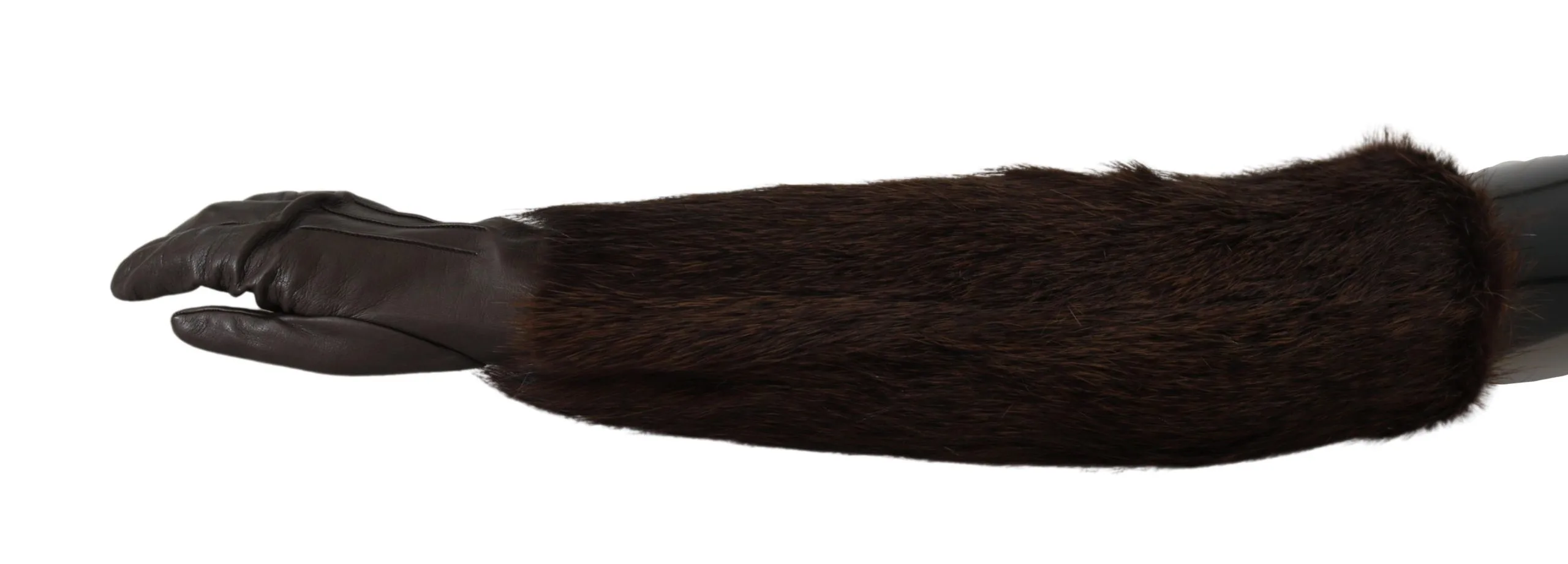 Brown Elbow Length Mittens Leather Fur Gloves - Image 4