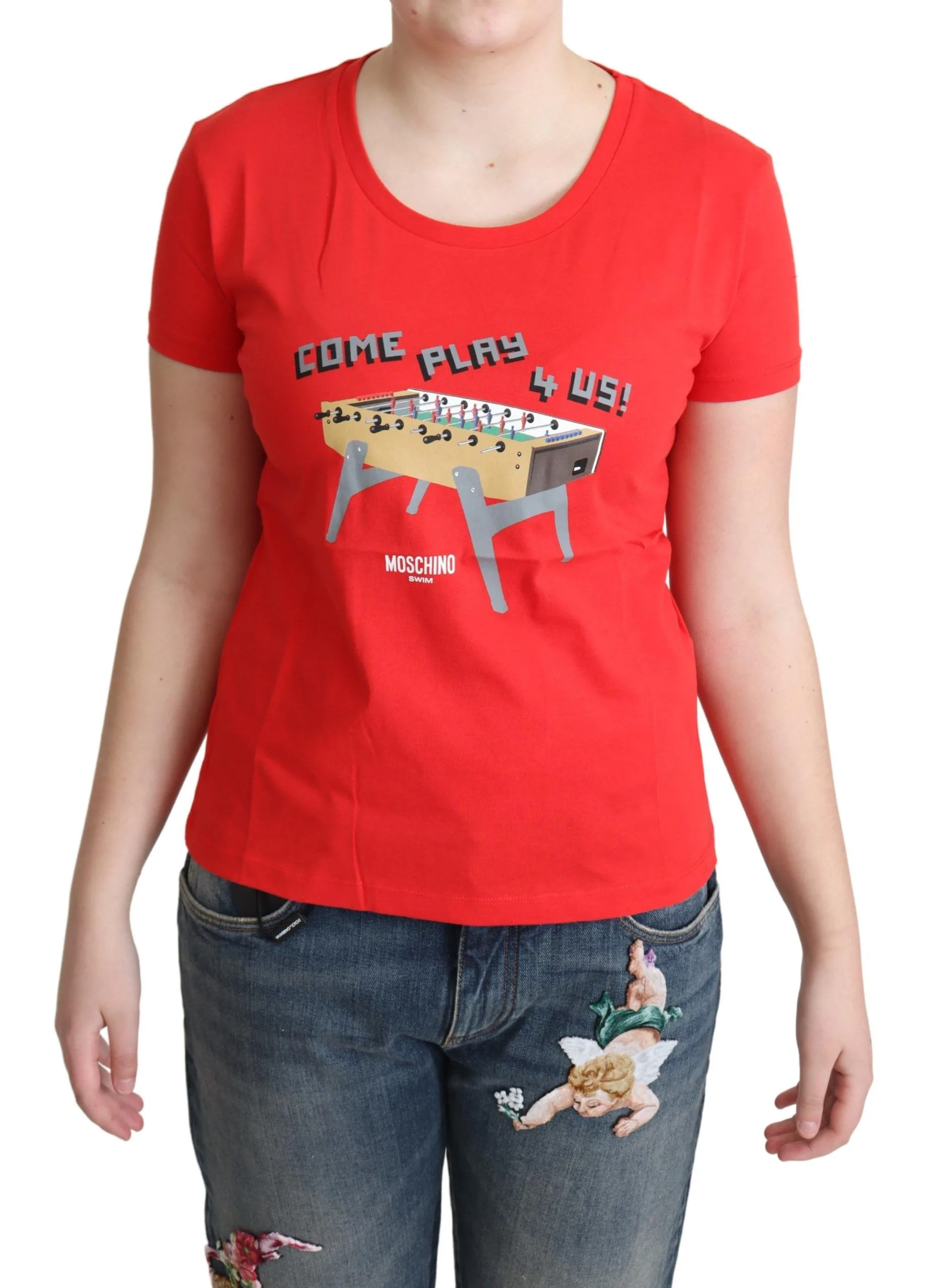 Red Cotton Come Play 4 Us Print Tops Blouse T - shirt