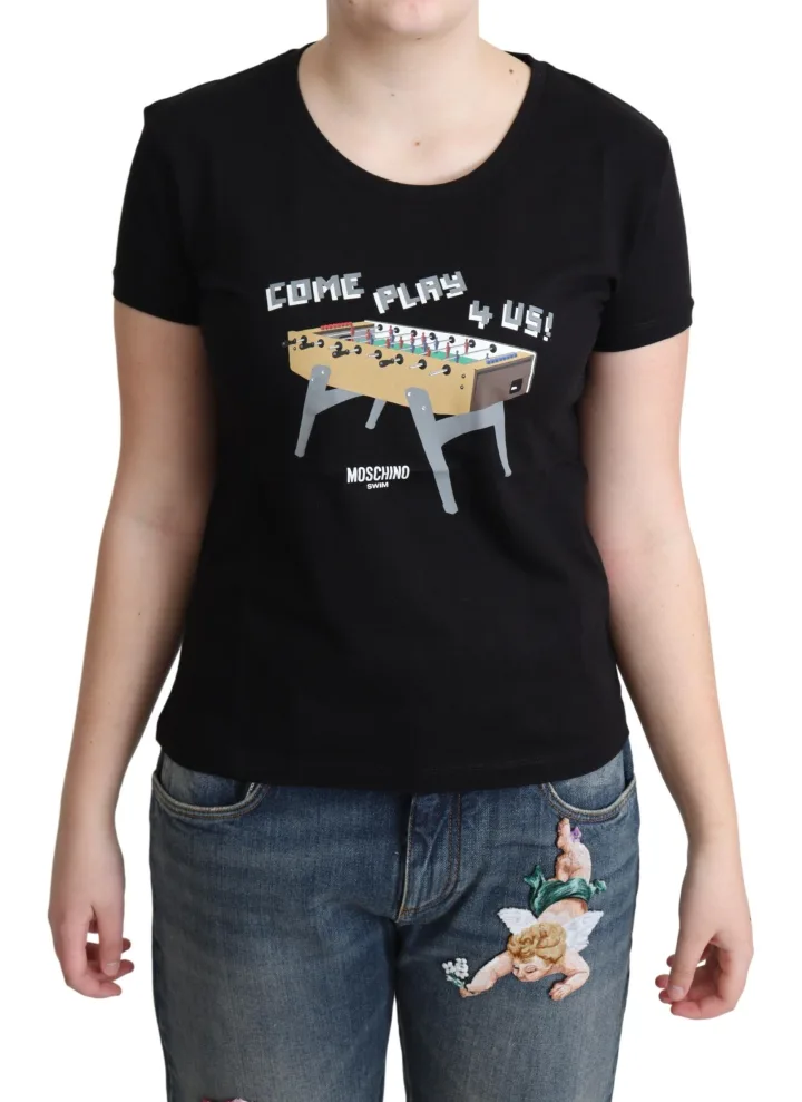 Black Cotton Come Play 4 Us Print Tops T - shirt
