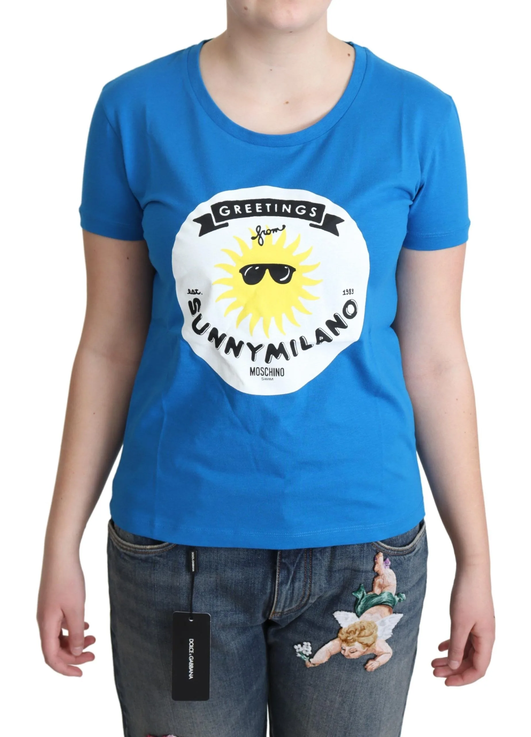 Blue Cotton Sunny Milano Print Tops T - shirt
