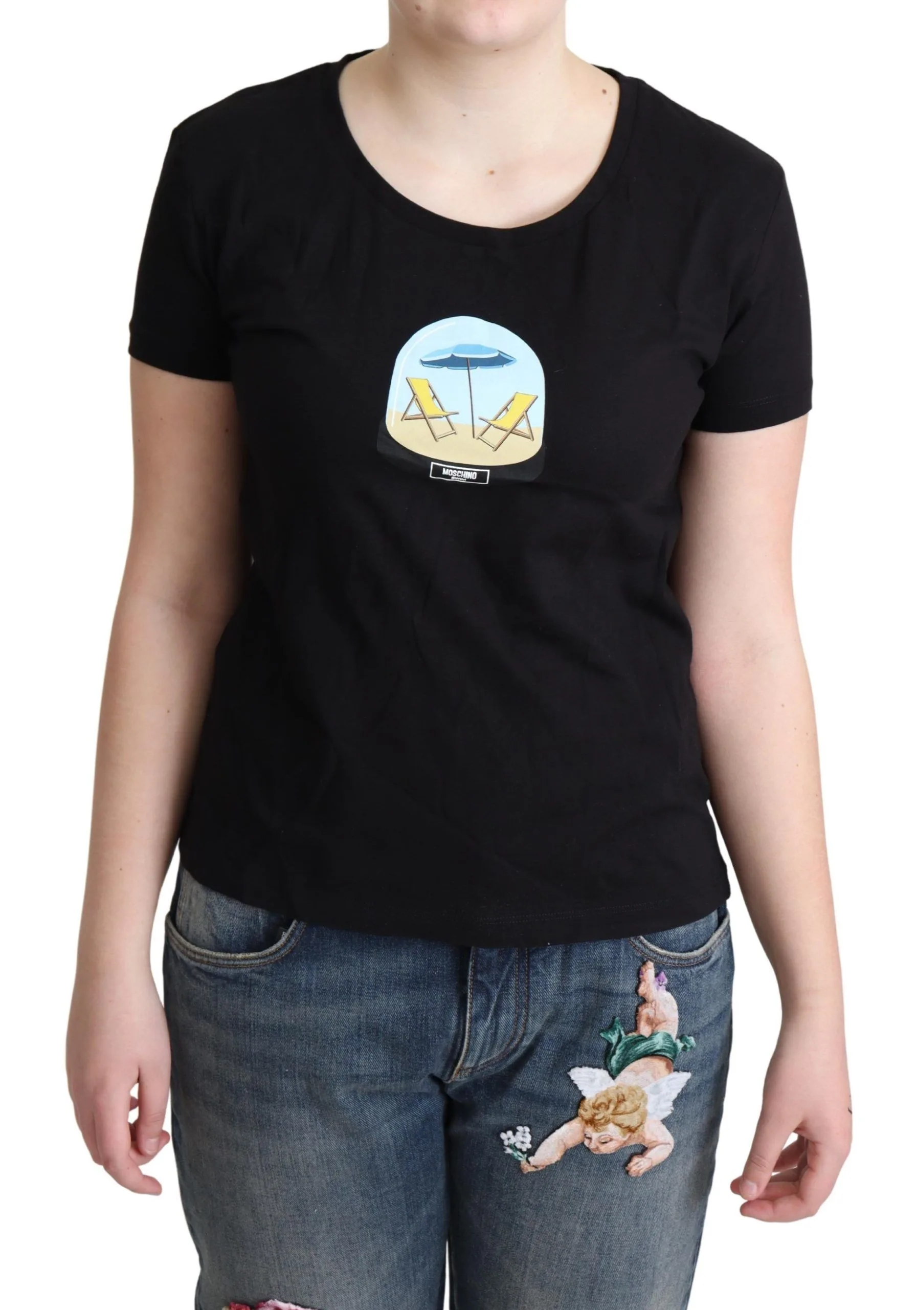 Black Printed Cotton Short Sleeves T - shirt