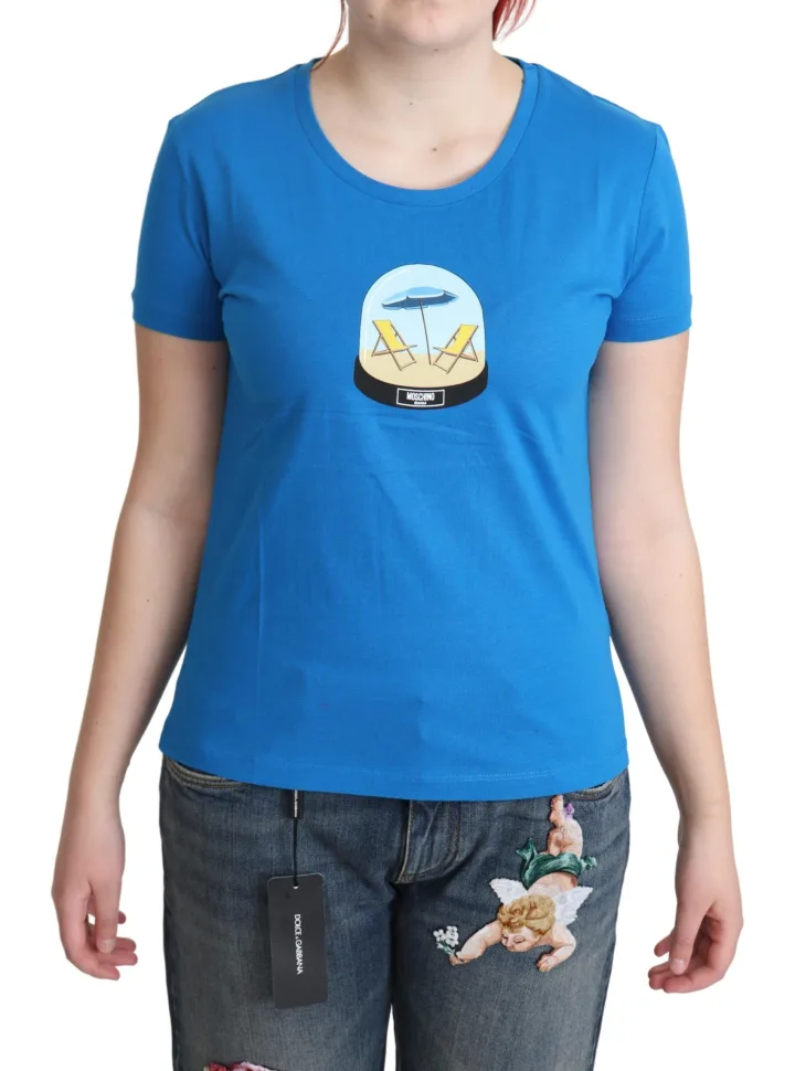 Blue Printed Cotton Short Sleeves Tops T - shirt