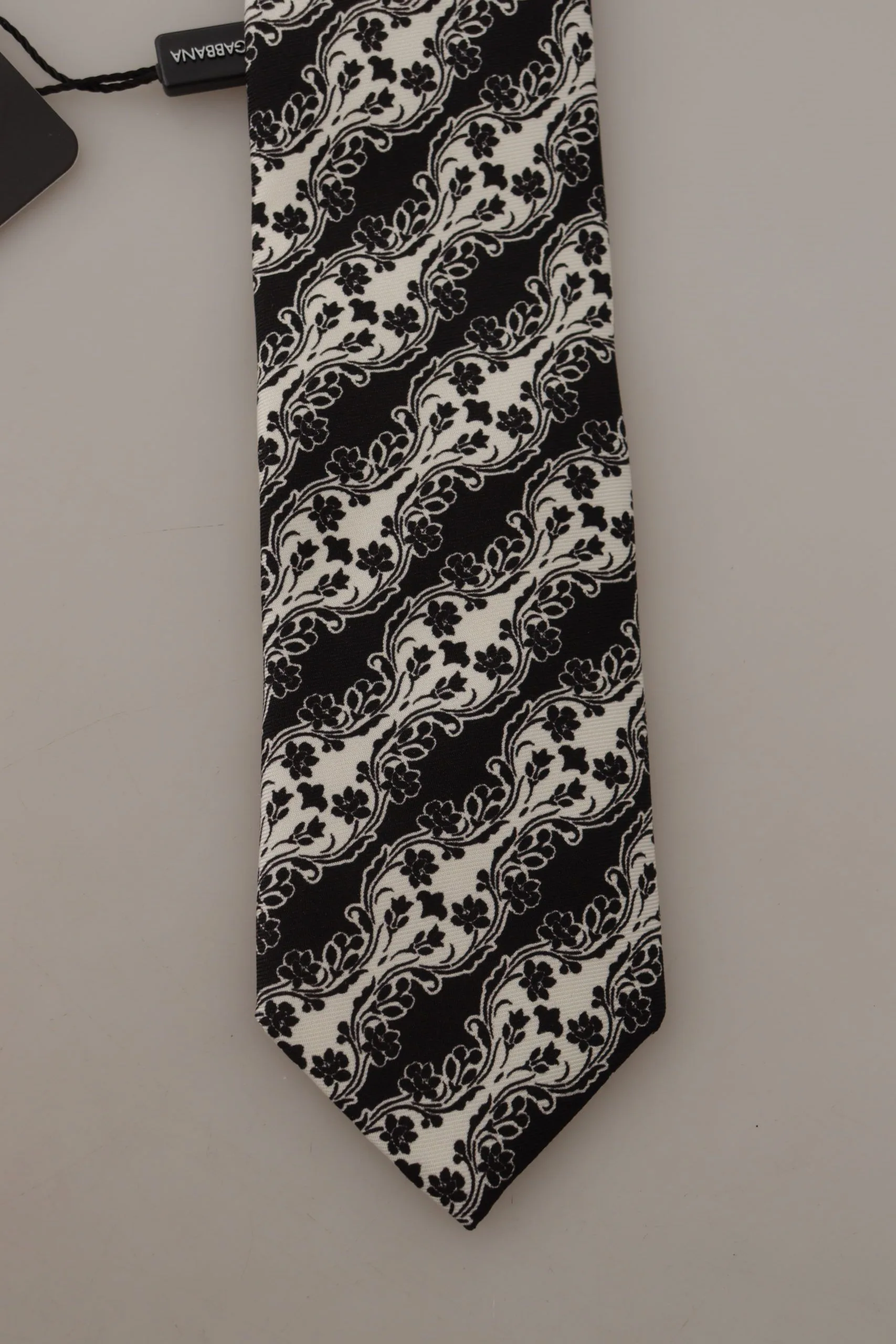 Black White Flower 100% Silk Print Adjustable Accessory Tie - Image 3