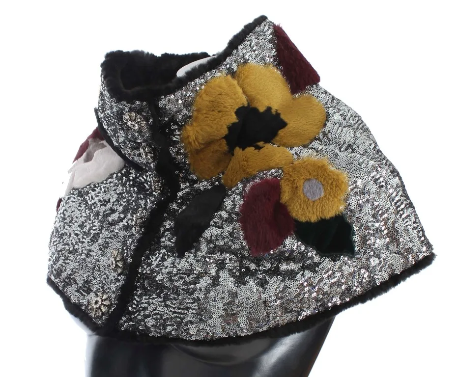 Silver Sequined Floral Weasel Fur Shoulder Scarf Wrap - Image 2