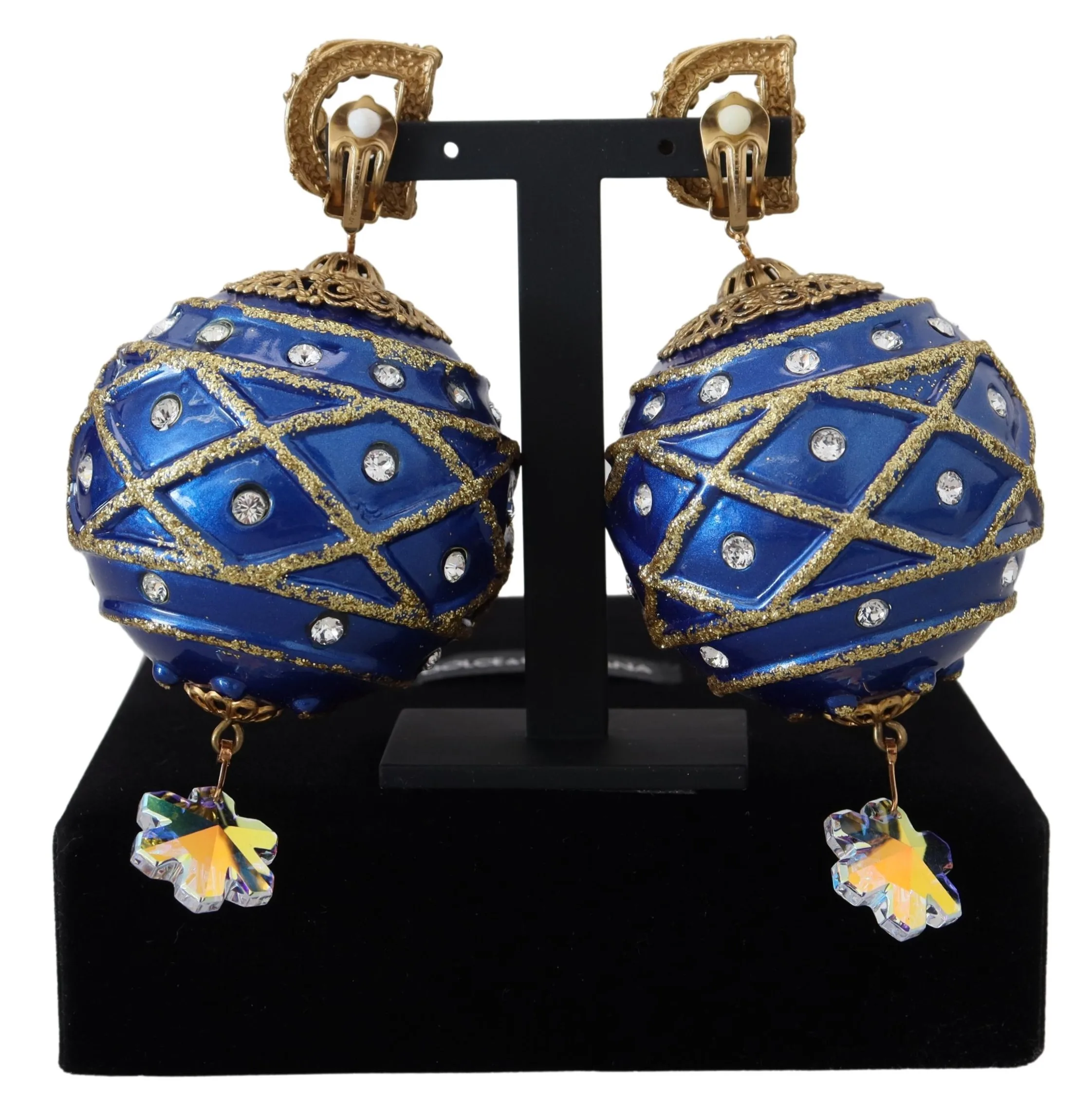 Gold Brass Blue Dangle Ball Crystal Clip On Earrings - Image 3