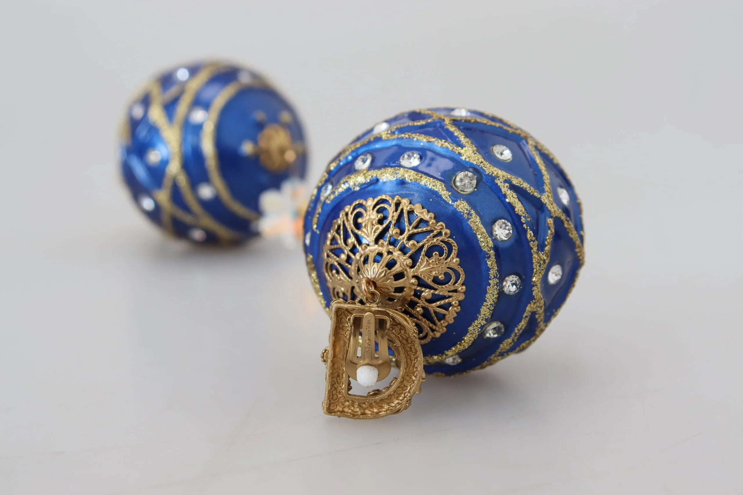 Gold Brass Blue Dangle Ball Crystal Clip On Earrings - Image 8