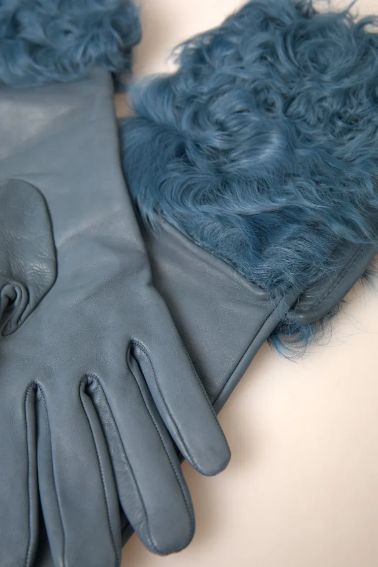 Blue Leather Fur Mid Arm Length Gloves - Image 2