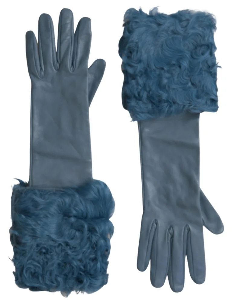 Blue Leather Fur Mid Arm Length Gloves - Image 3