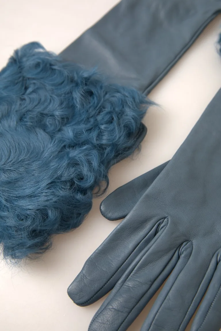 Blue Leather Fur Mid Arm Length Gloves - Image 4