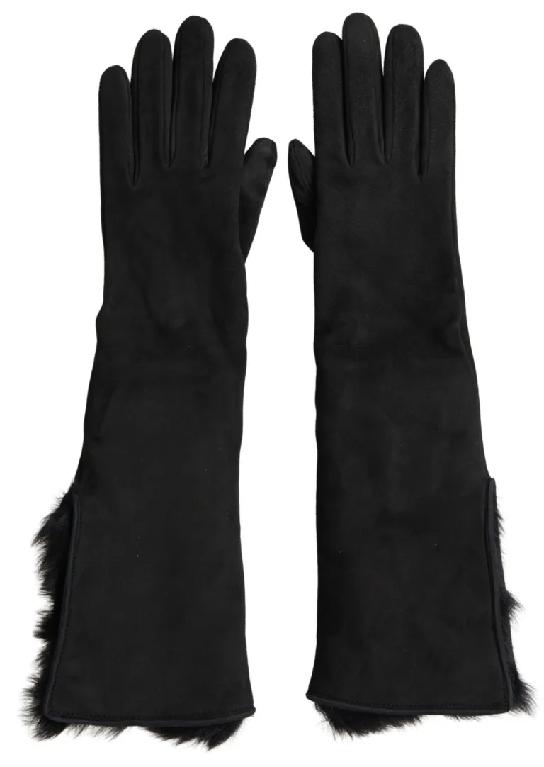 Black Leather Fur Elbow Length Gloves - Image 2