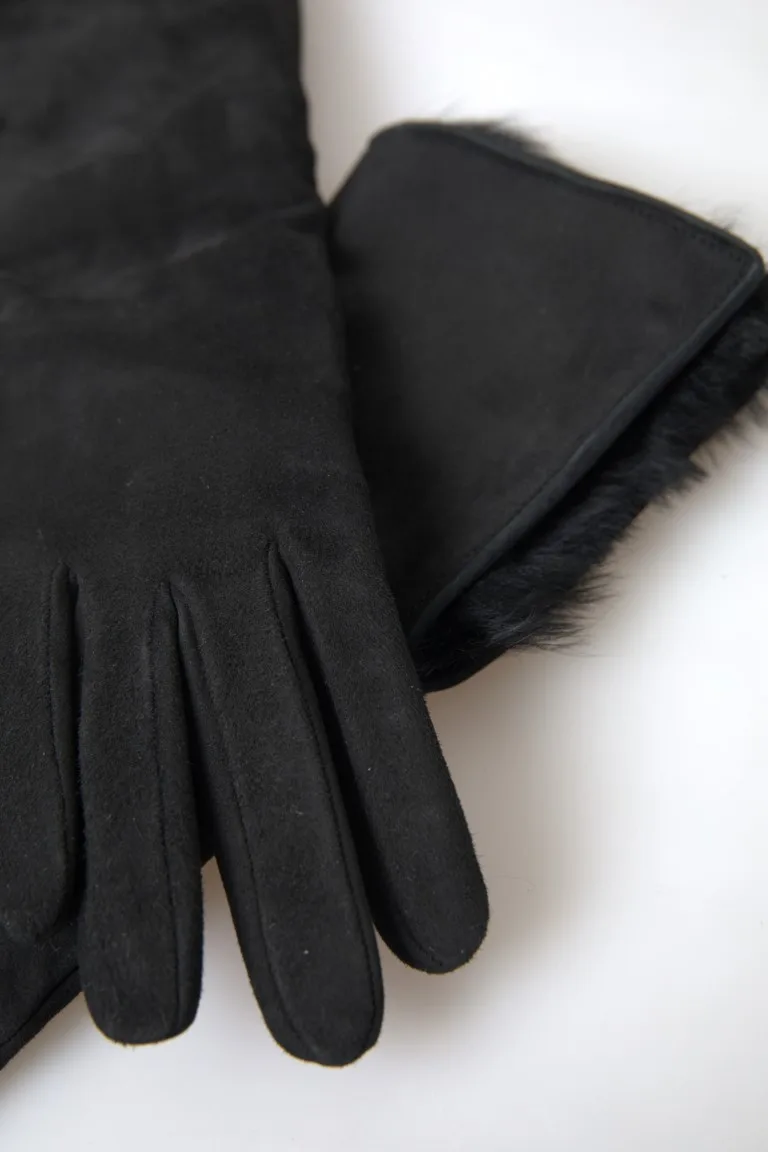 Black Leather Fur Elbow Length Gloves - Image 3
