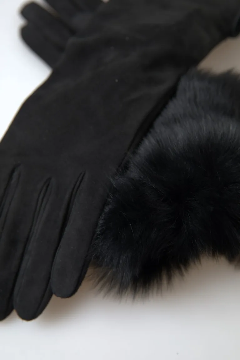 Black Leather Fur Elbow Length Gloves - Image 4