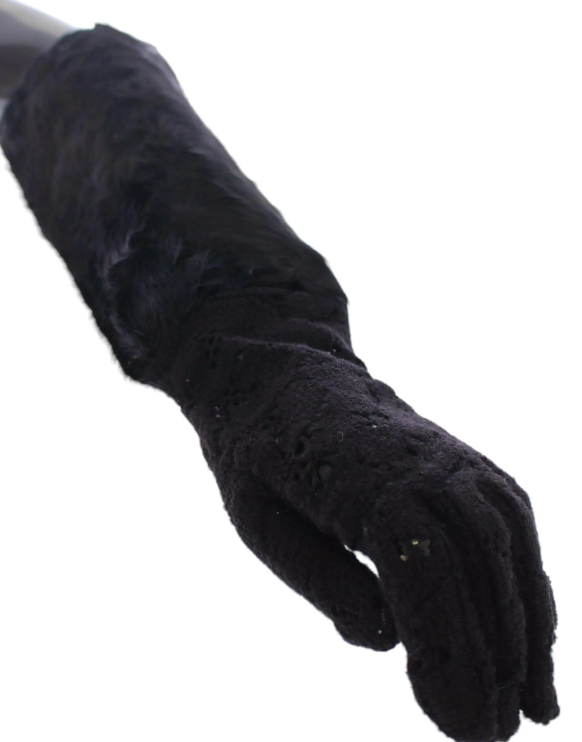 Black Lace Wool Lambskin Fur Elbow Gloves - Image 5