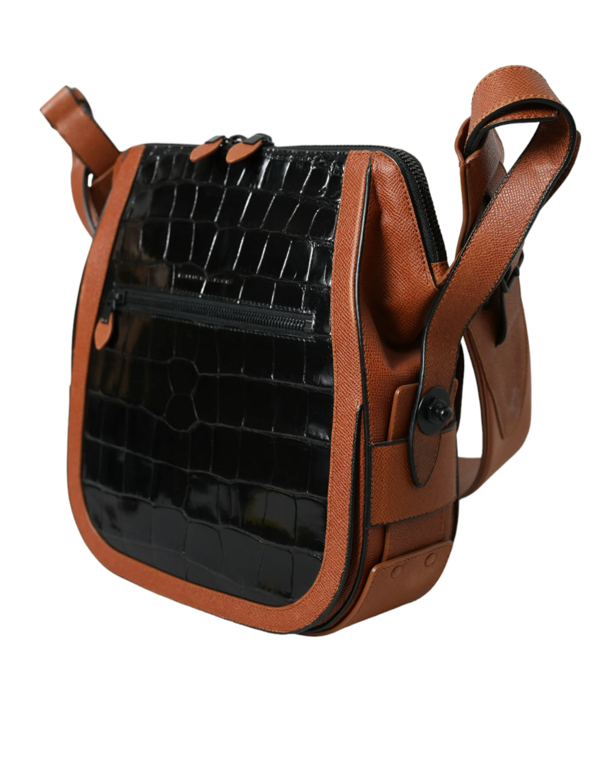 Black Brown Exotic Skin Leather Vertical Crossbody Purse Bag - Image 3
