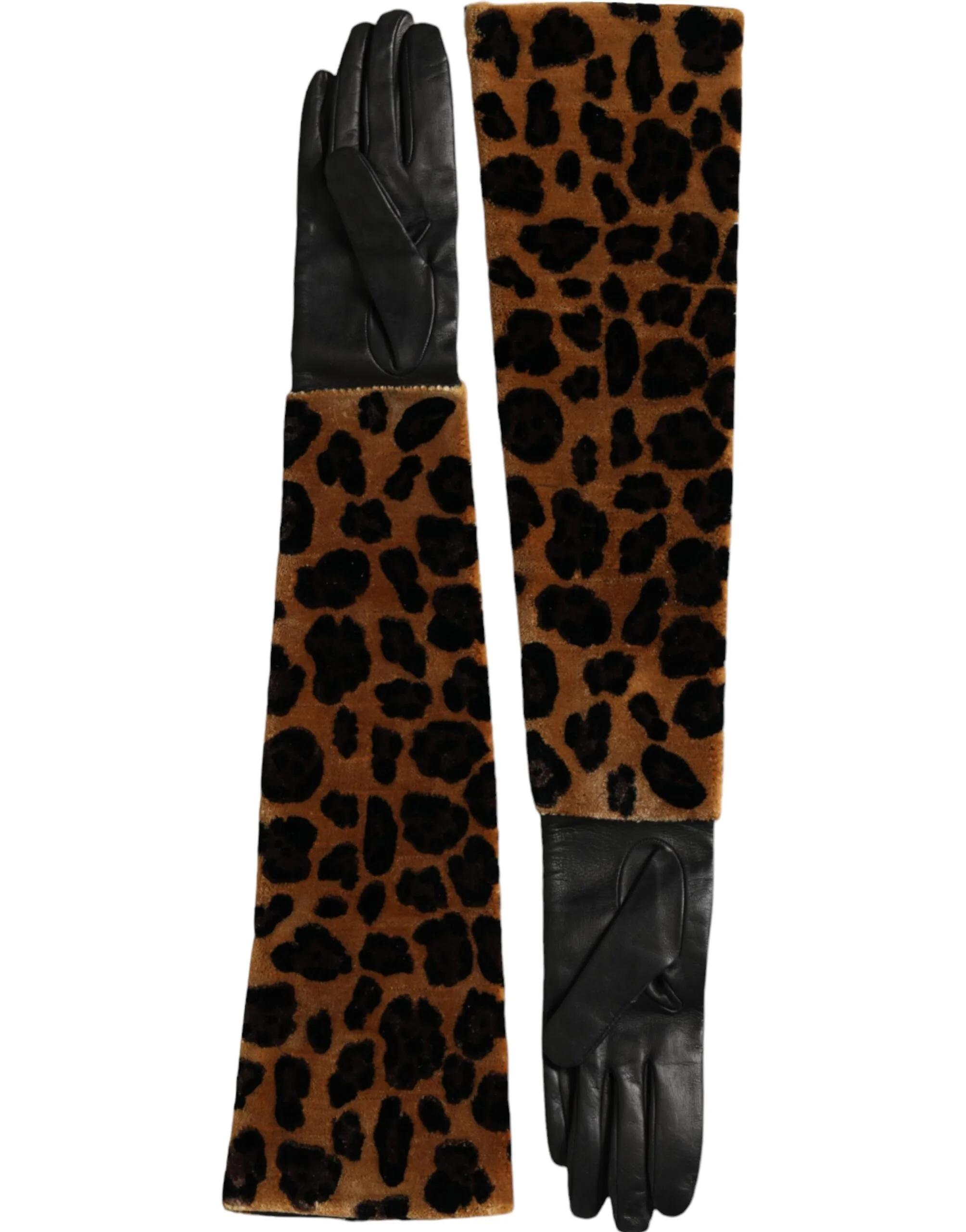 Brown Black Leopard Leather Elbow Length Gloves - Image 2