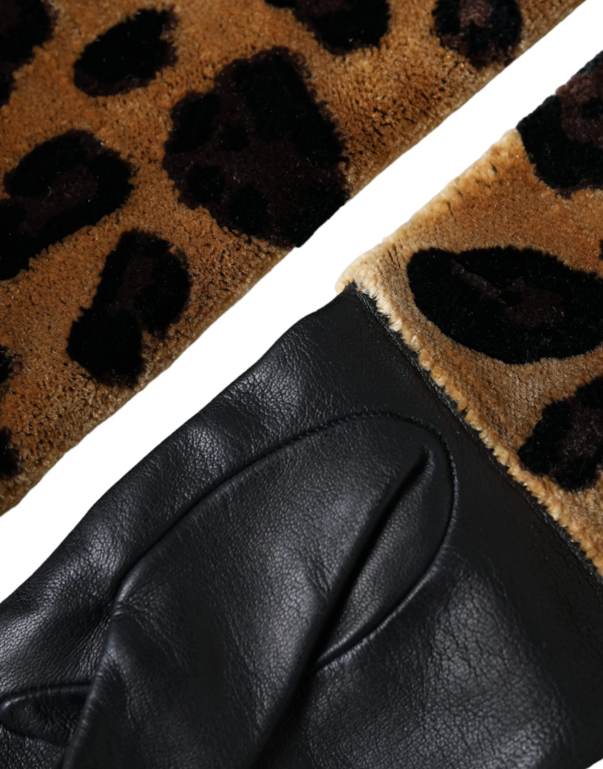 Brown Black Leopard Leather Elbow Length Gloves - Image 3