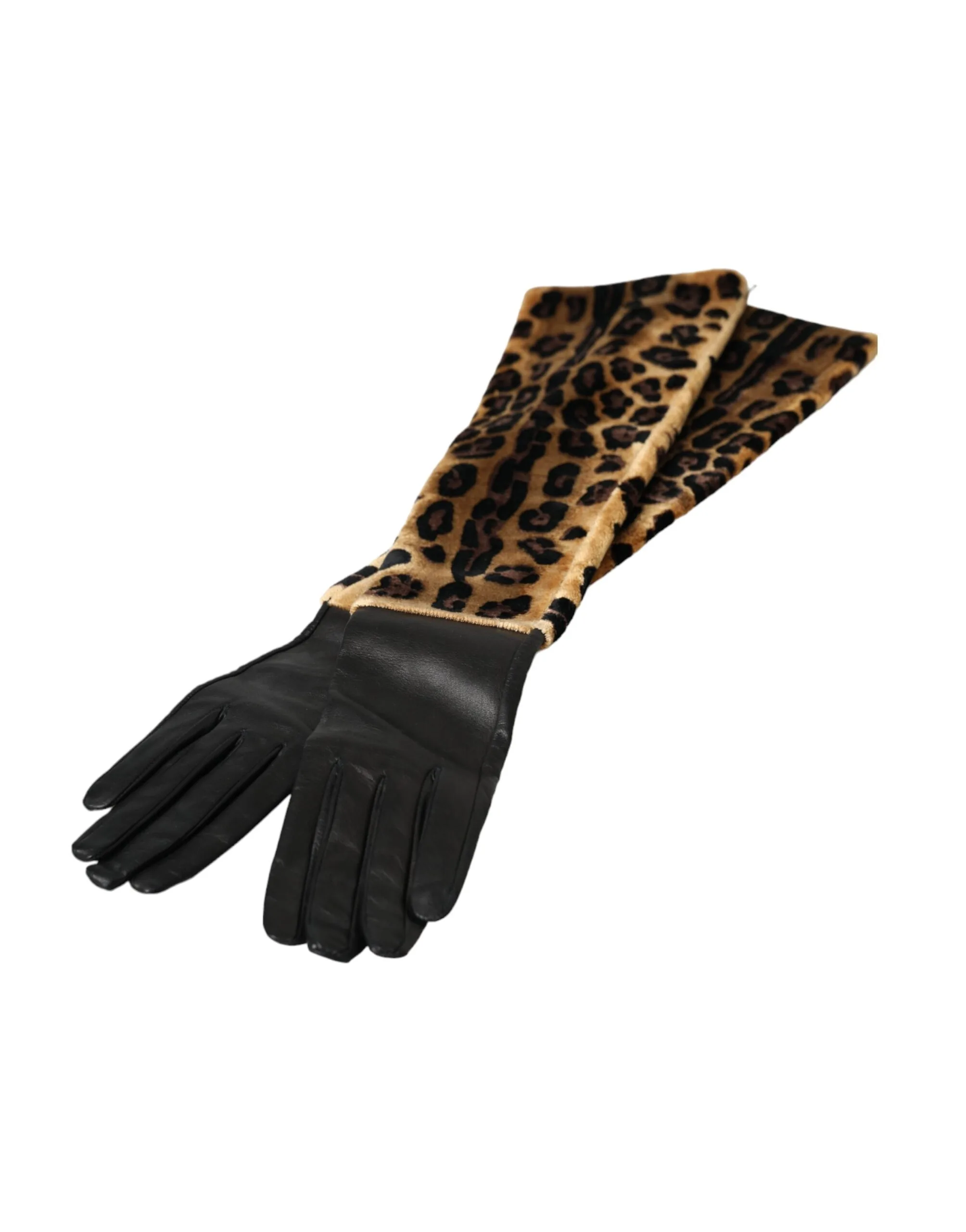 Brown Black Leopard Leather Elbow Length Gloves - Image 4