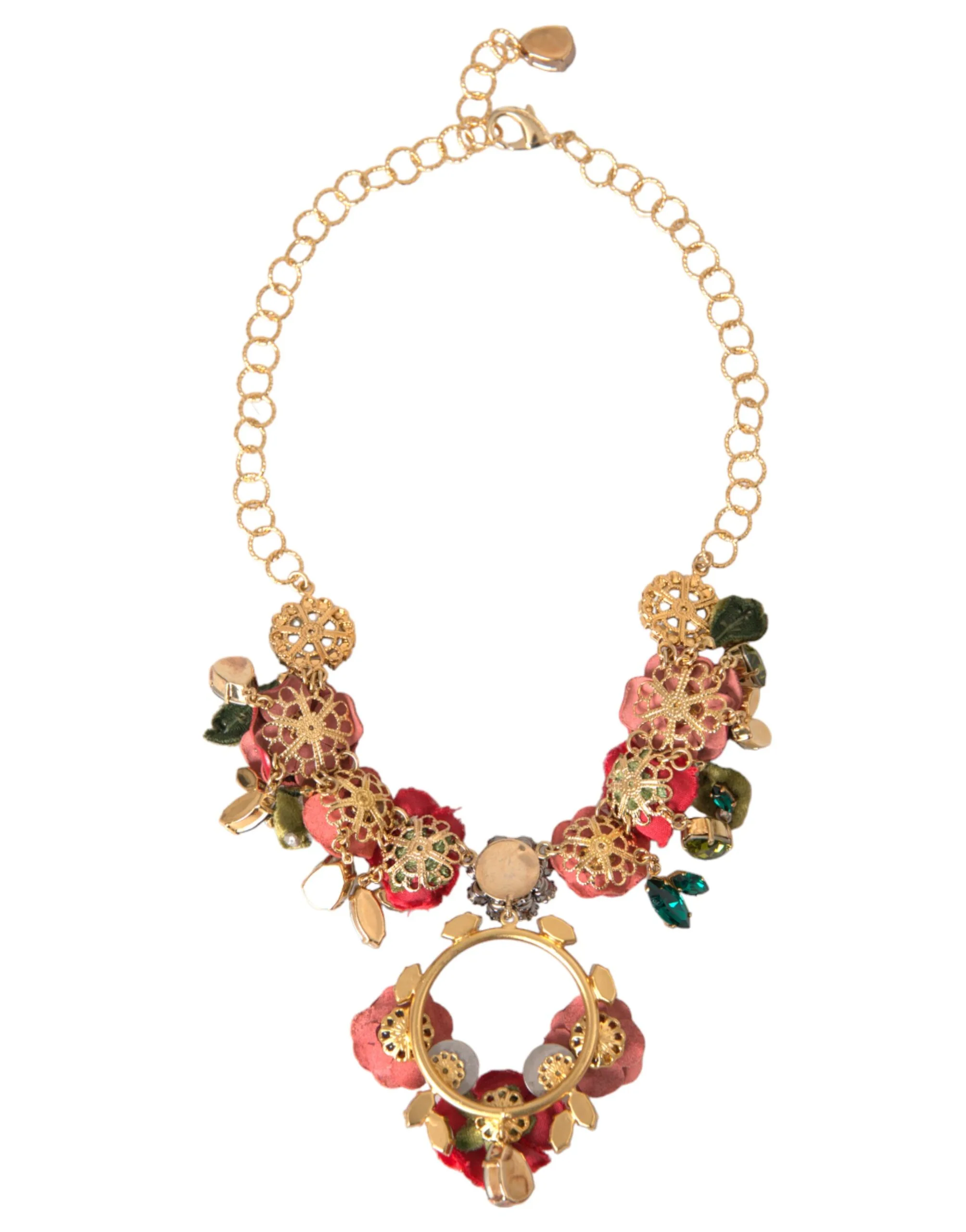 Gold Brass Link Chain RosePetal Crystal Pendant Necklace - Image 4