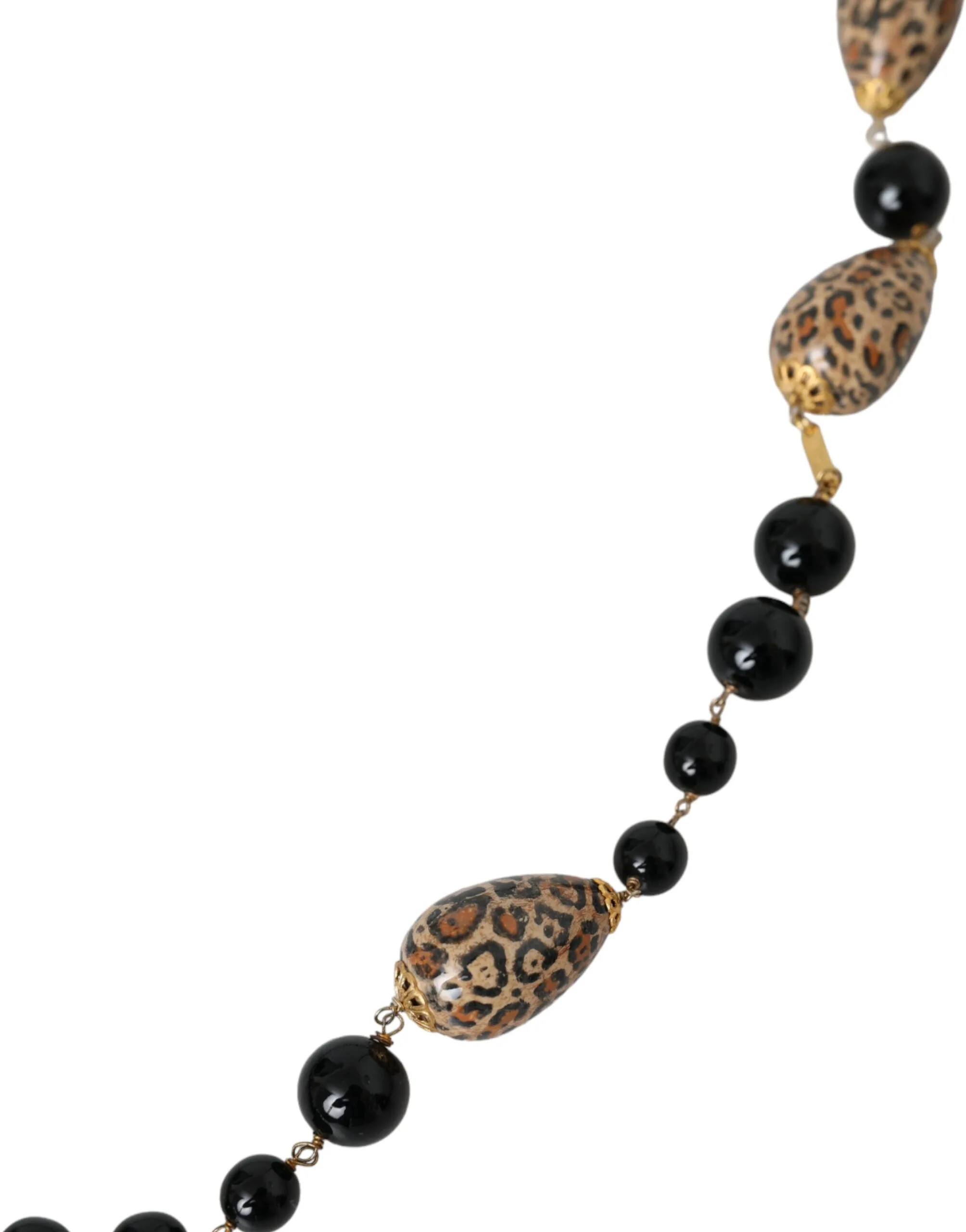 Gold Tone Brass Black Printed Beaded Long Chain Necklace - Image 2