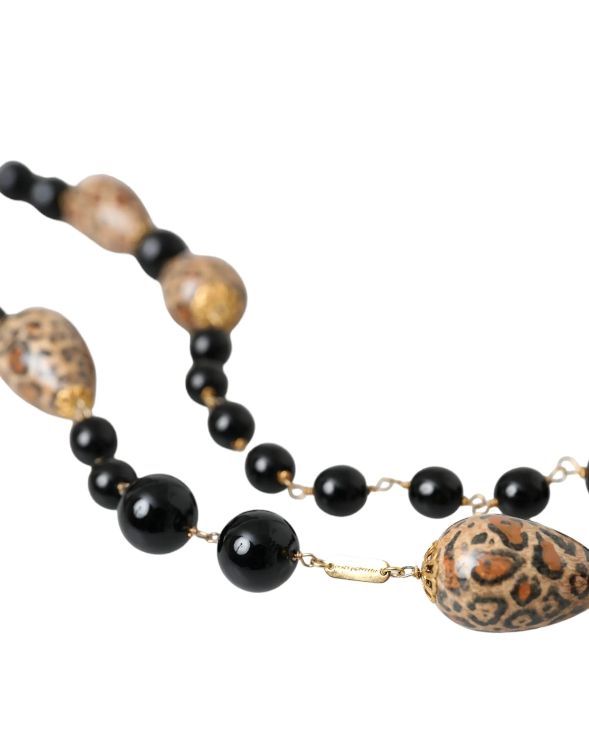 Gold Tone Brass Black Printed Beaded Long Chain Necklace - Image 3