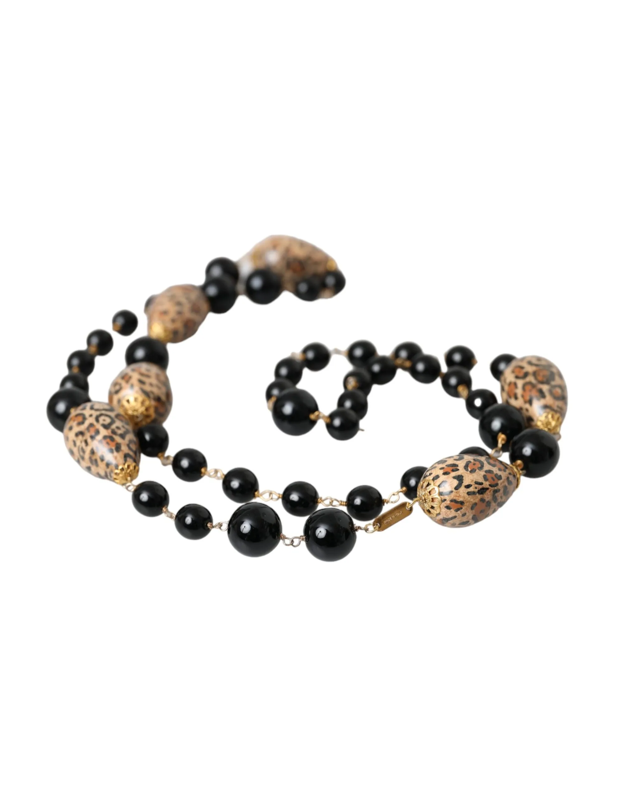 Gold Tone Brass Black Printed Beaded Long Chain Necklace - Image 4