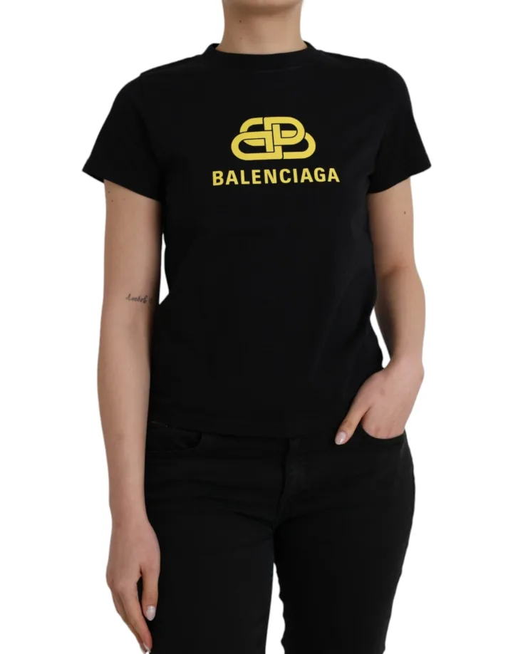 Black Cotton Logo Print Crew Neck Short Sleeves T - shirt