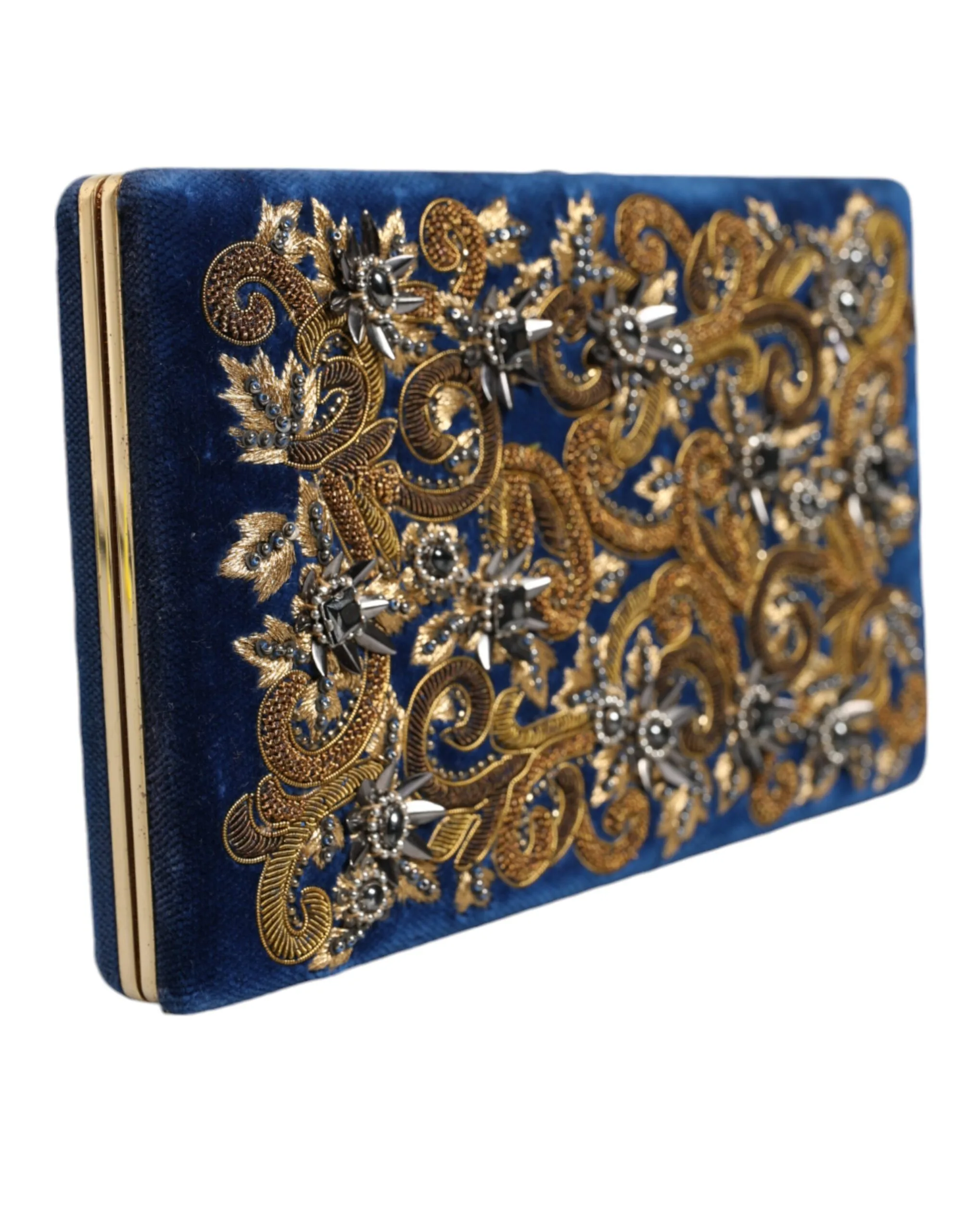 Blue Velvet Gold Frame Clutch Evening Party Purse Bag - Image 2