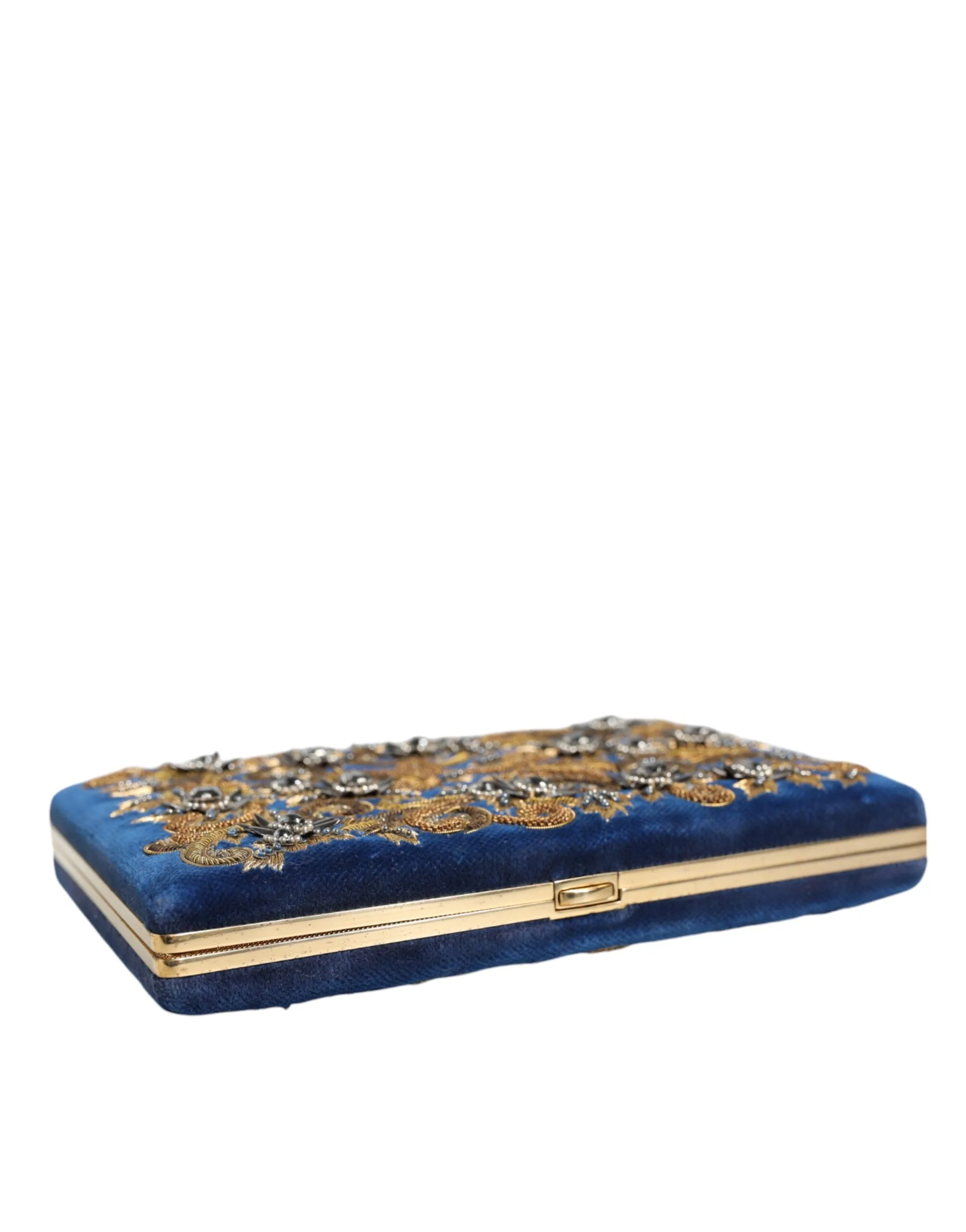 Blue Velvet Gold Frame Clutch Evening Party Purse Bag - Image 4