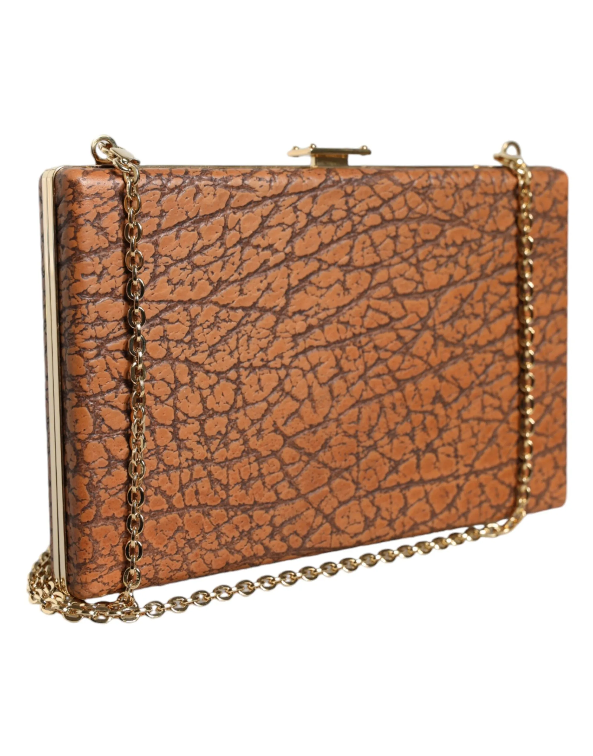 Brown Leather Gold Frame Clutch Mini Crossbody Bag - Image 3