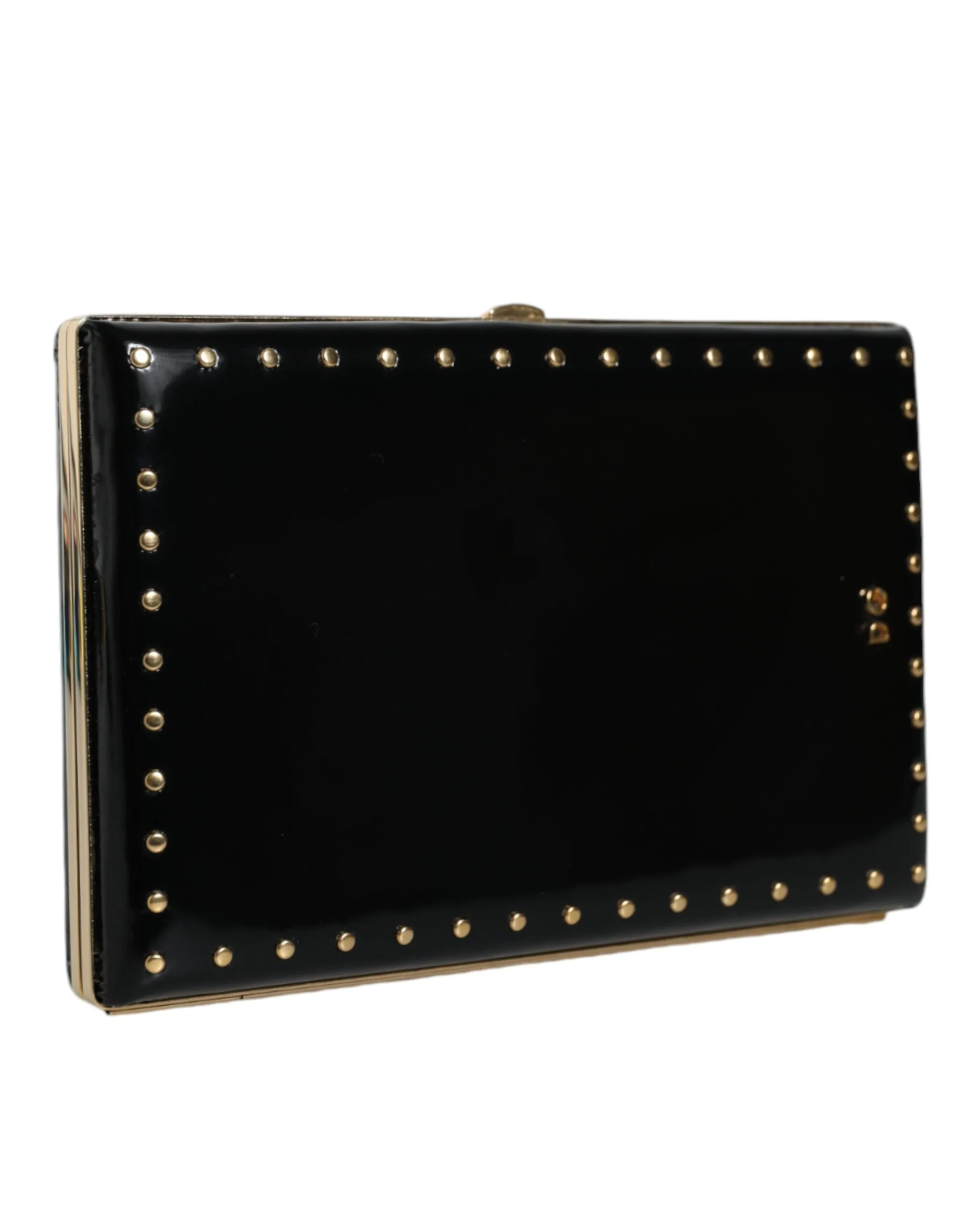 Black Leather Studs Gold Frame Clutch Evening Purse Bag - Image 2