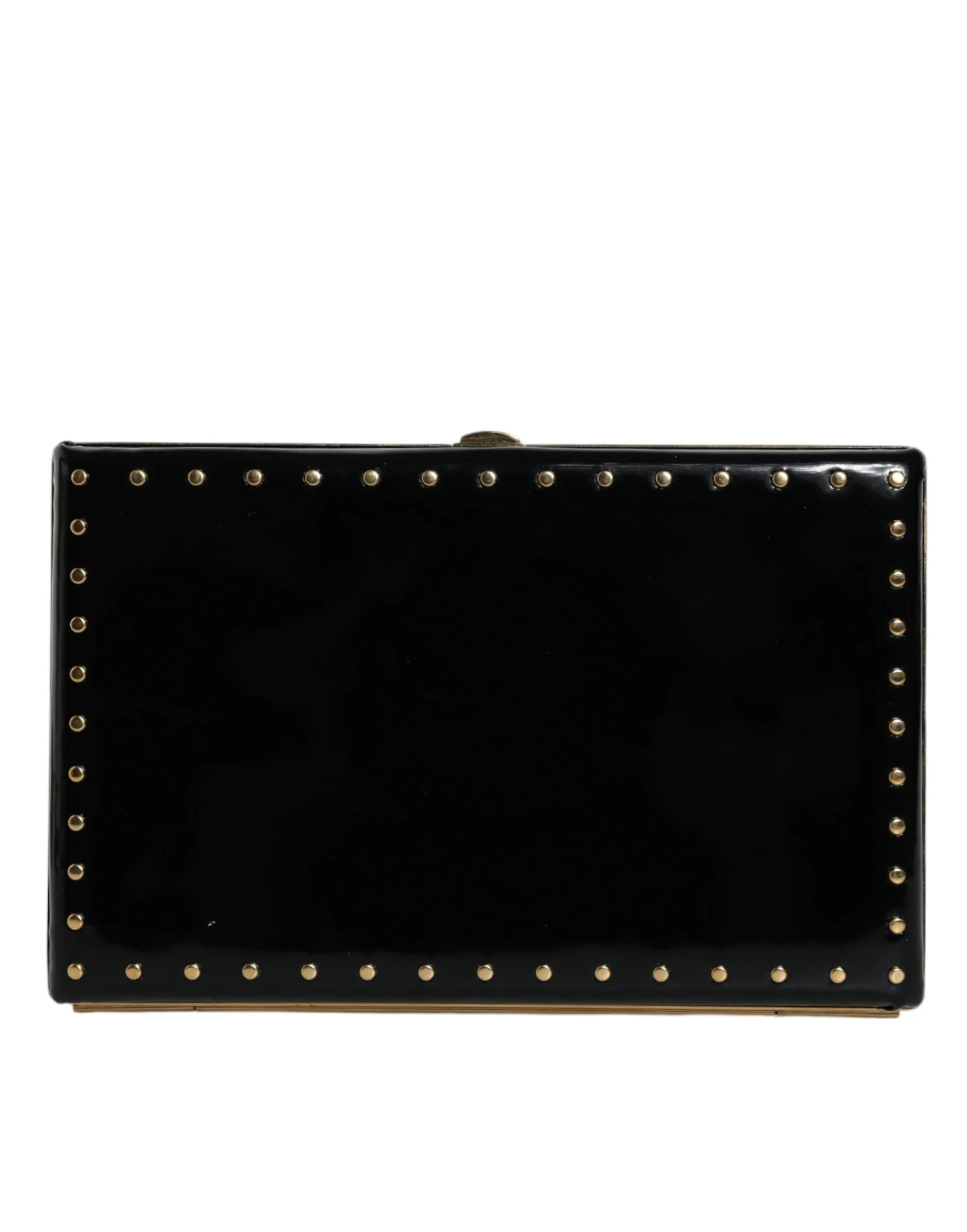 Black Leather Studs Gold Frame Clutch Evening Purse Bag - Image 3