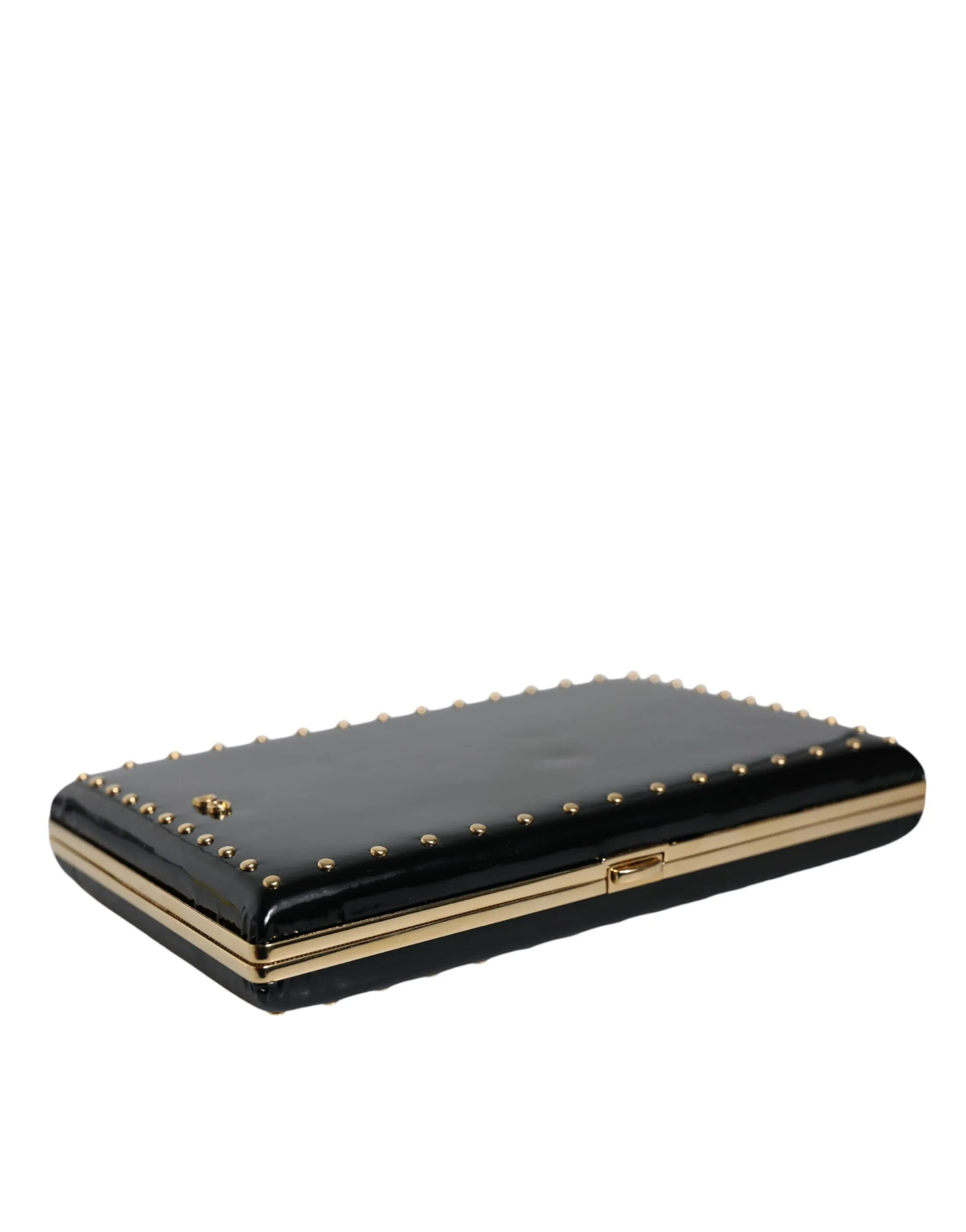 Black Leather Studs Gold Frame Clutch Evening Purse Bag - Image 4