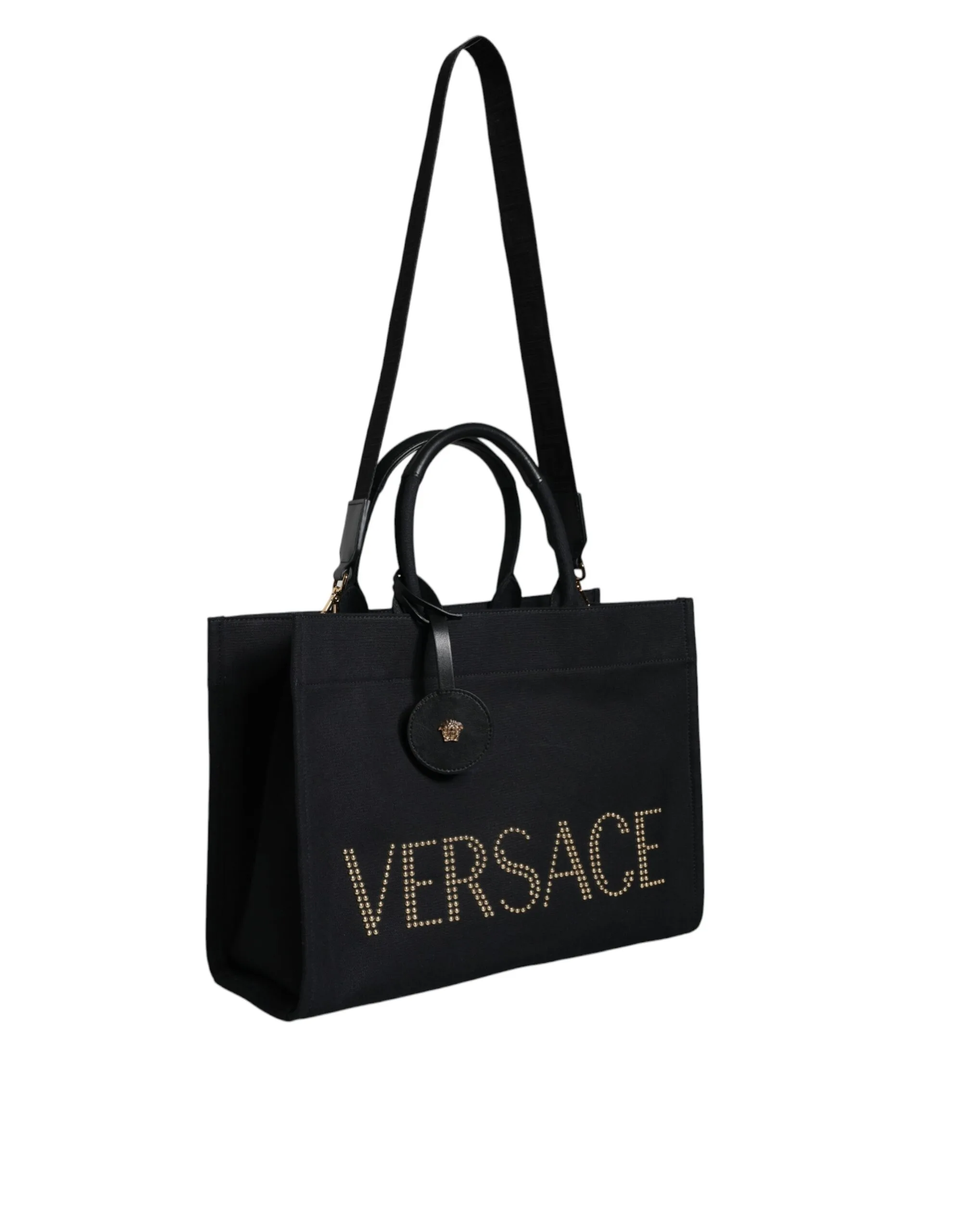 Black Top Handle Canvas Leather Logo Crossbody Tote Bag - Image 2