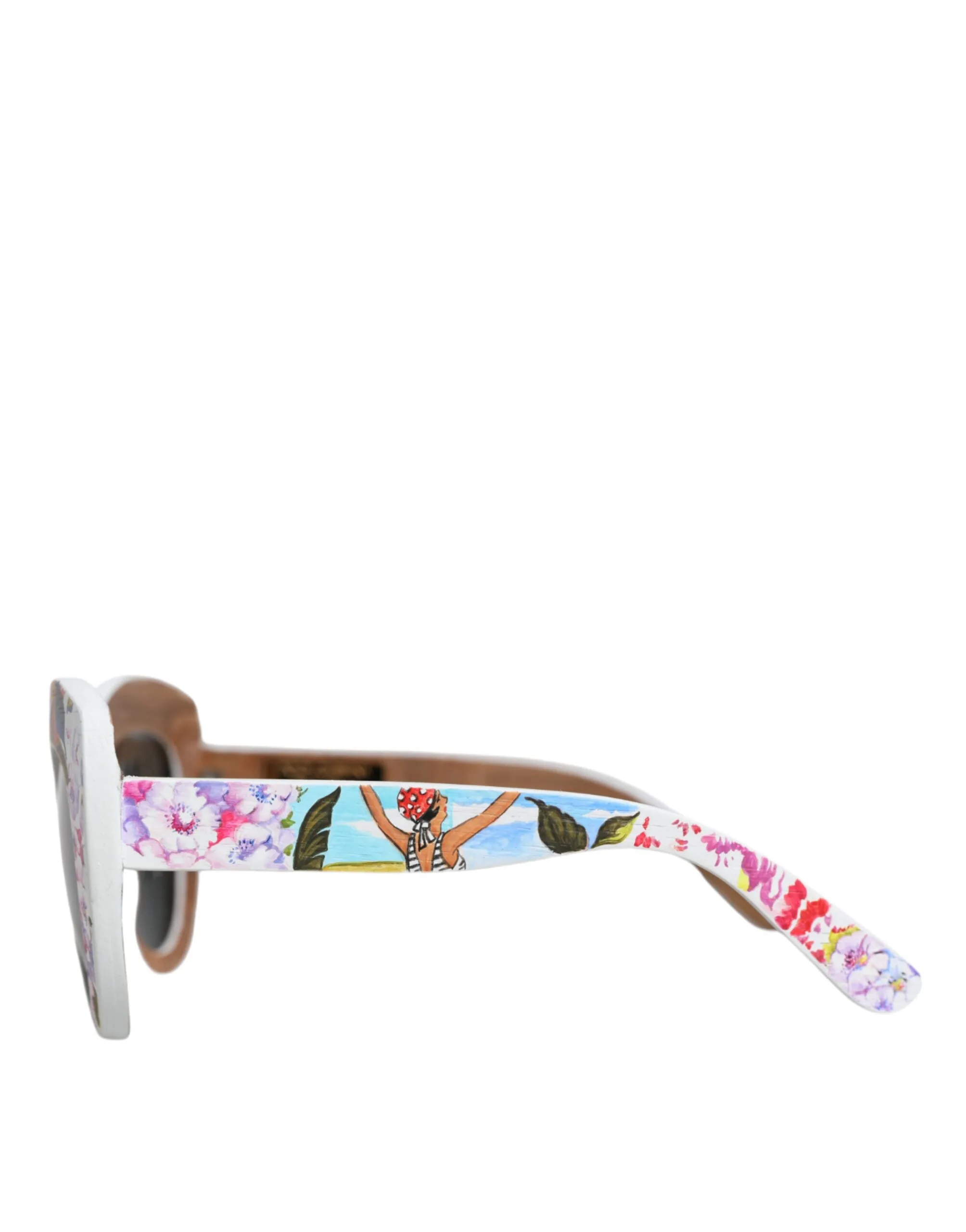 Multicolor Wood Crystal Brass Frame Floral Hand Paint Sunglasses - Image 5