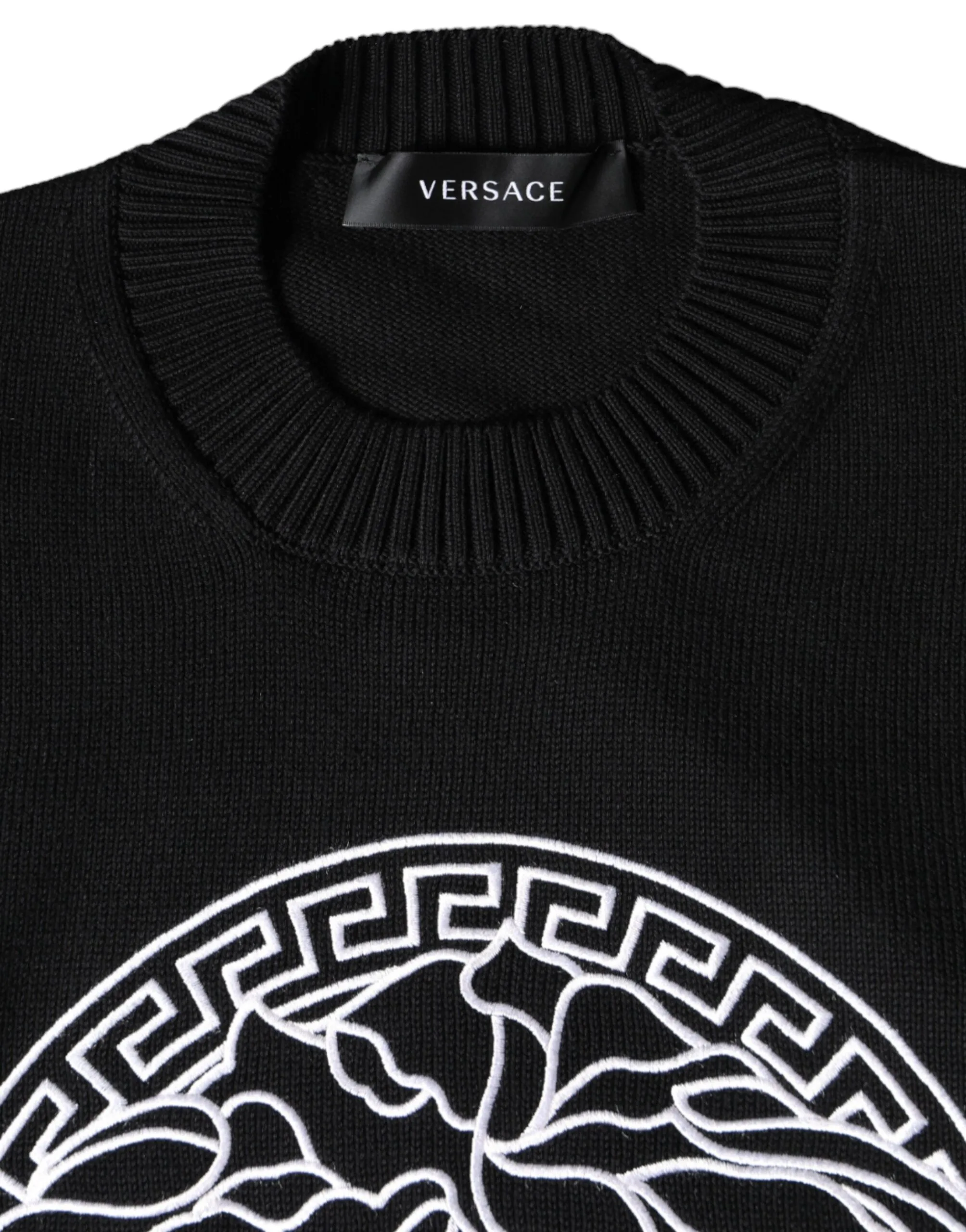 Black Medusa Embroidery Crew Neck Pullover Sweater - Image 2