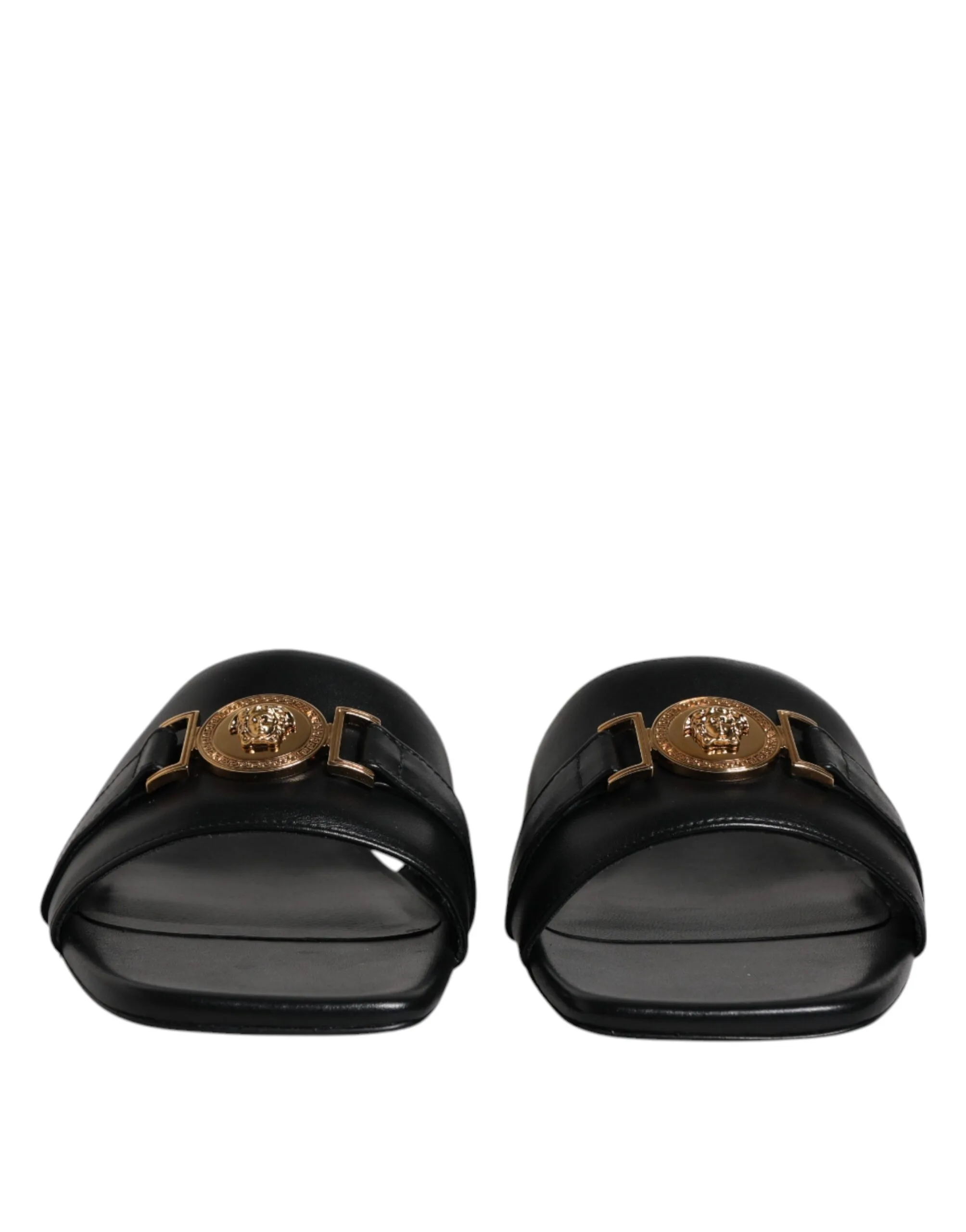 Black Leather Logo Plaque Slip On Slides Flats Shoes - Image 2
