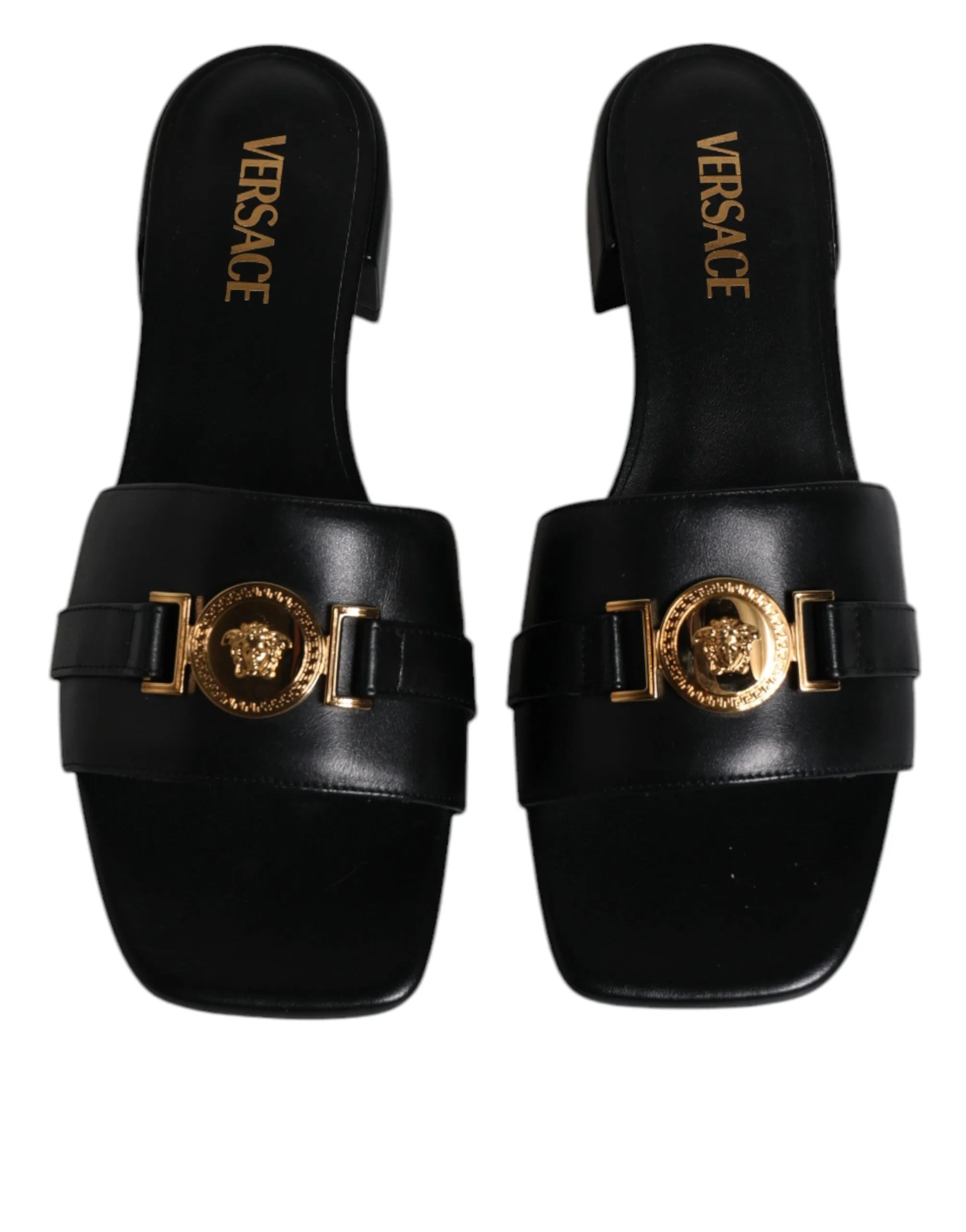 Black Leather Logo Plaque Slip On Slides Flats Shoes - Image 3