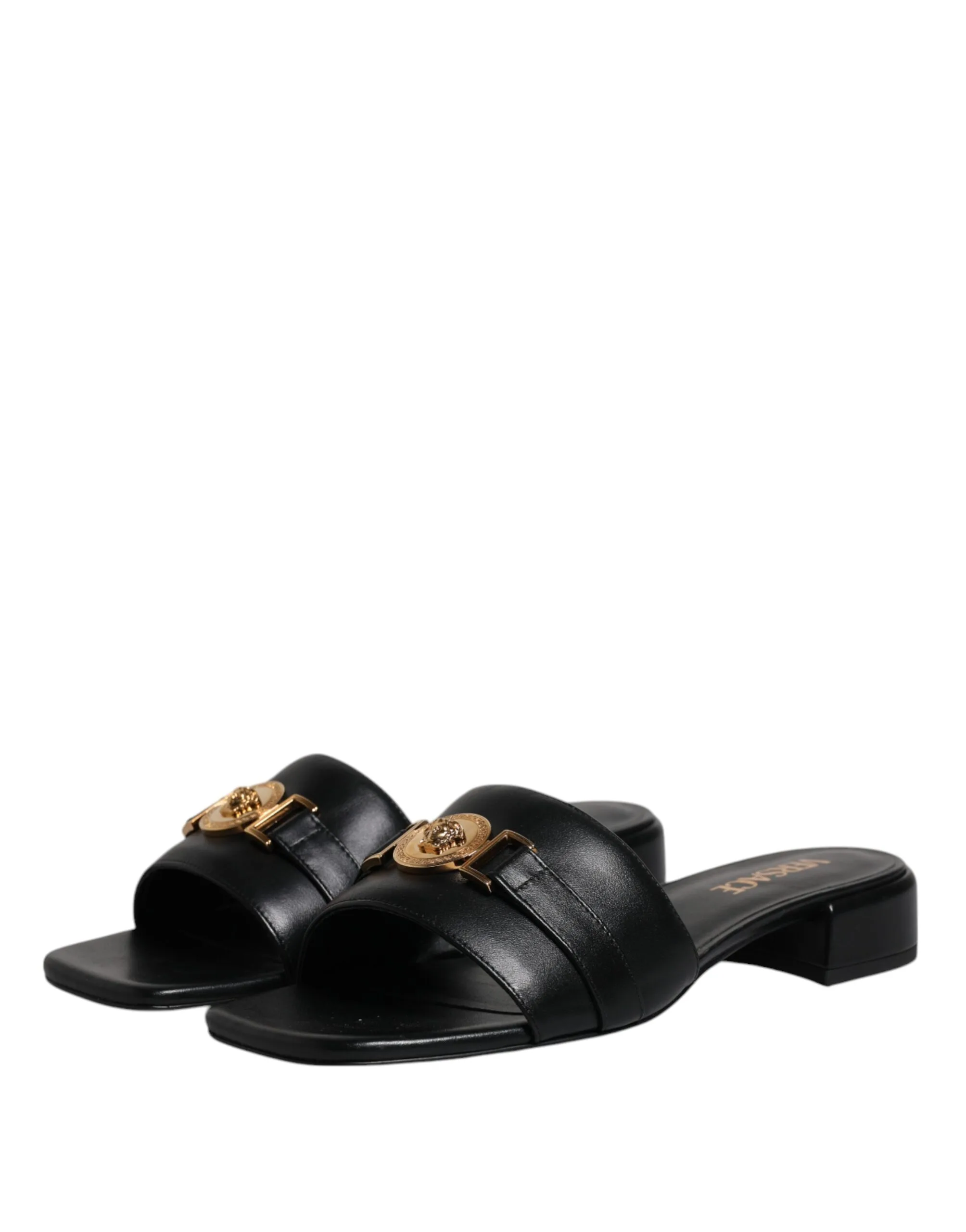 Black Leather Logo Plaque Slip On Slides Flats Shoes - Image 4