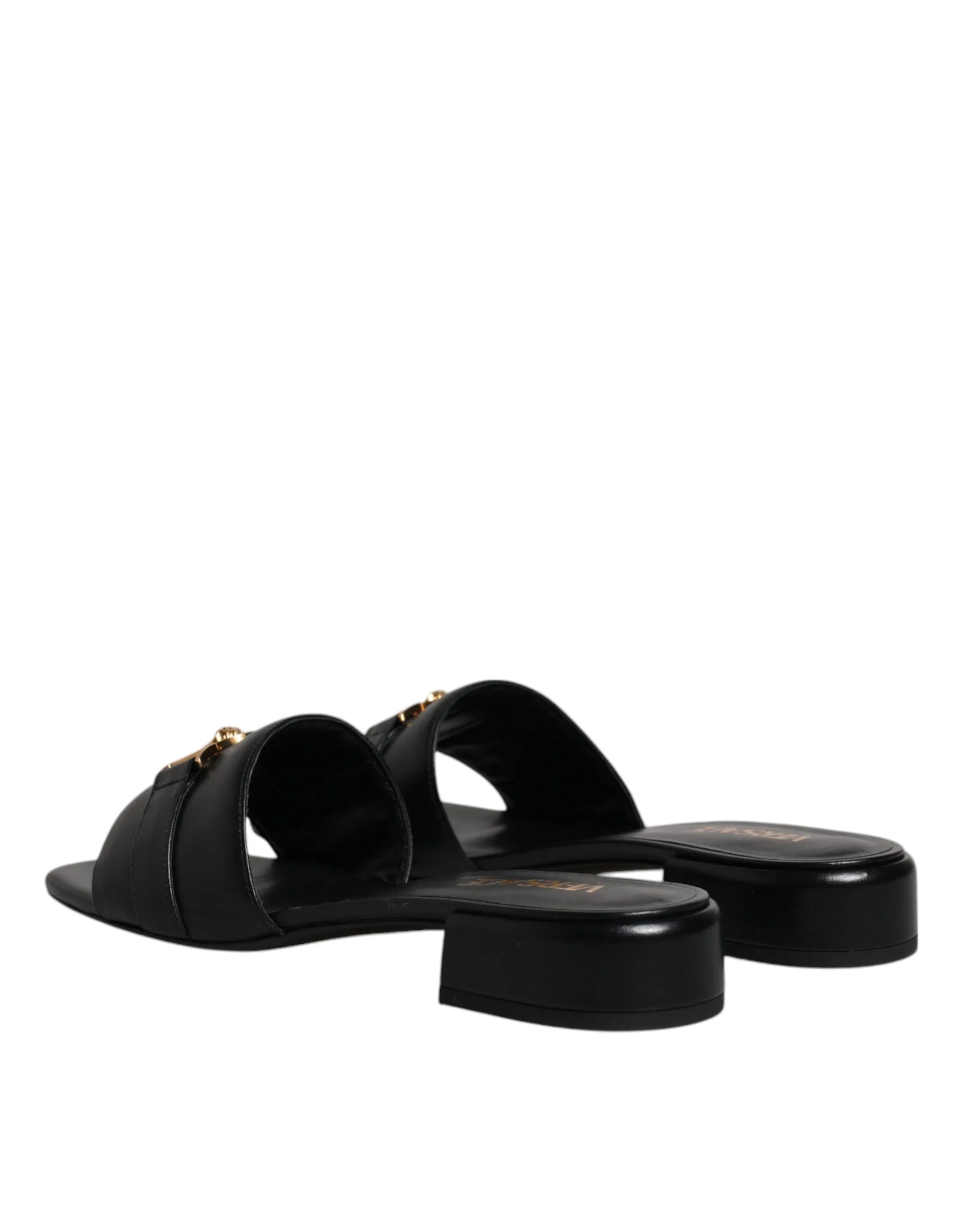 Black Leather Logo Plaque Slip On Slides Flats Shoes - Image 5