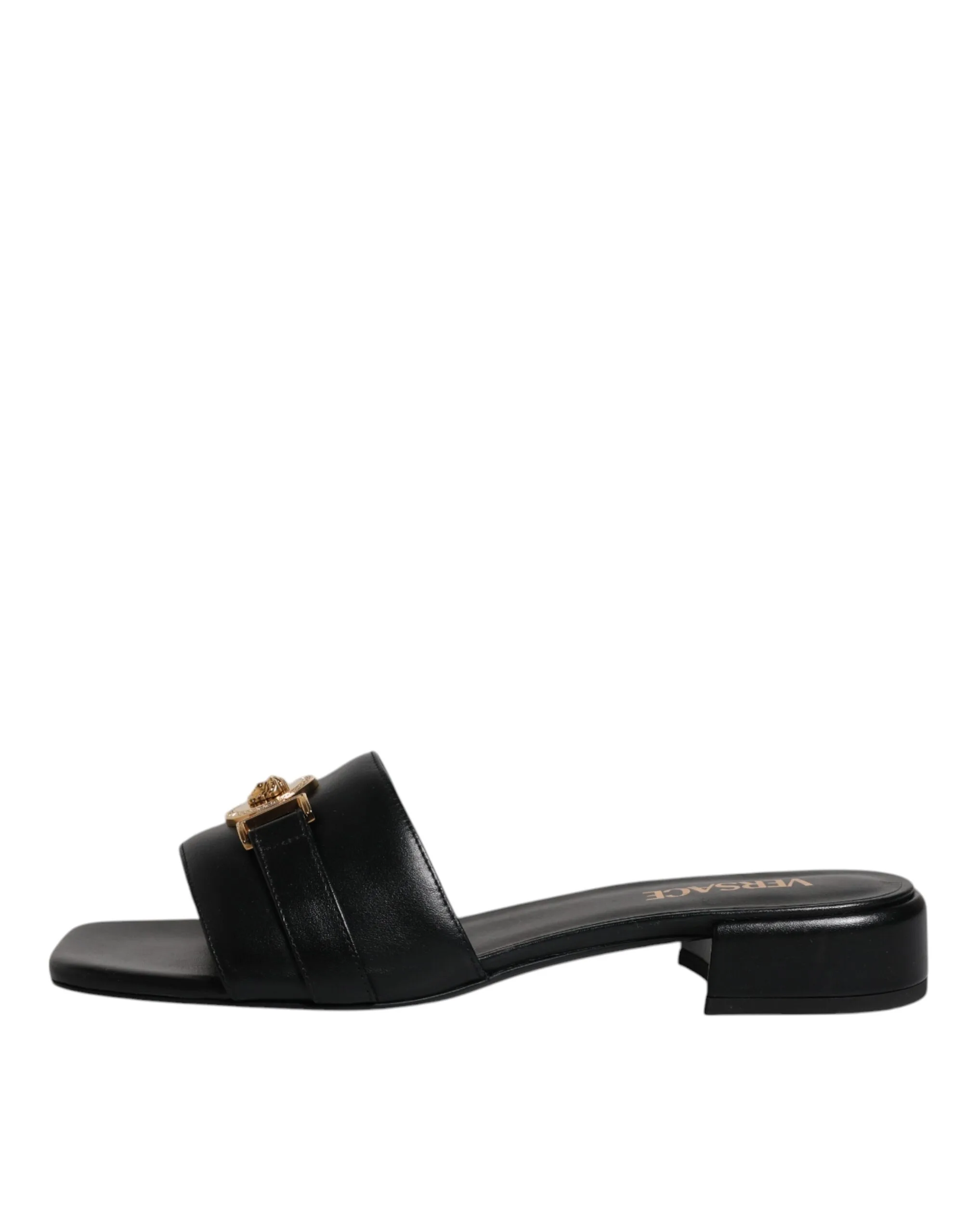 Black Leather Logo Plaque Slip On Slides Flats Shoes - Image 6