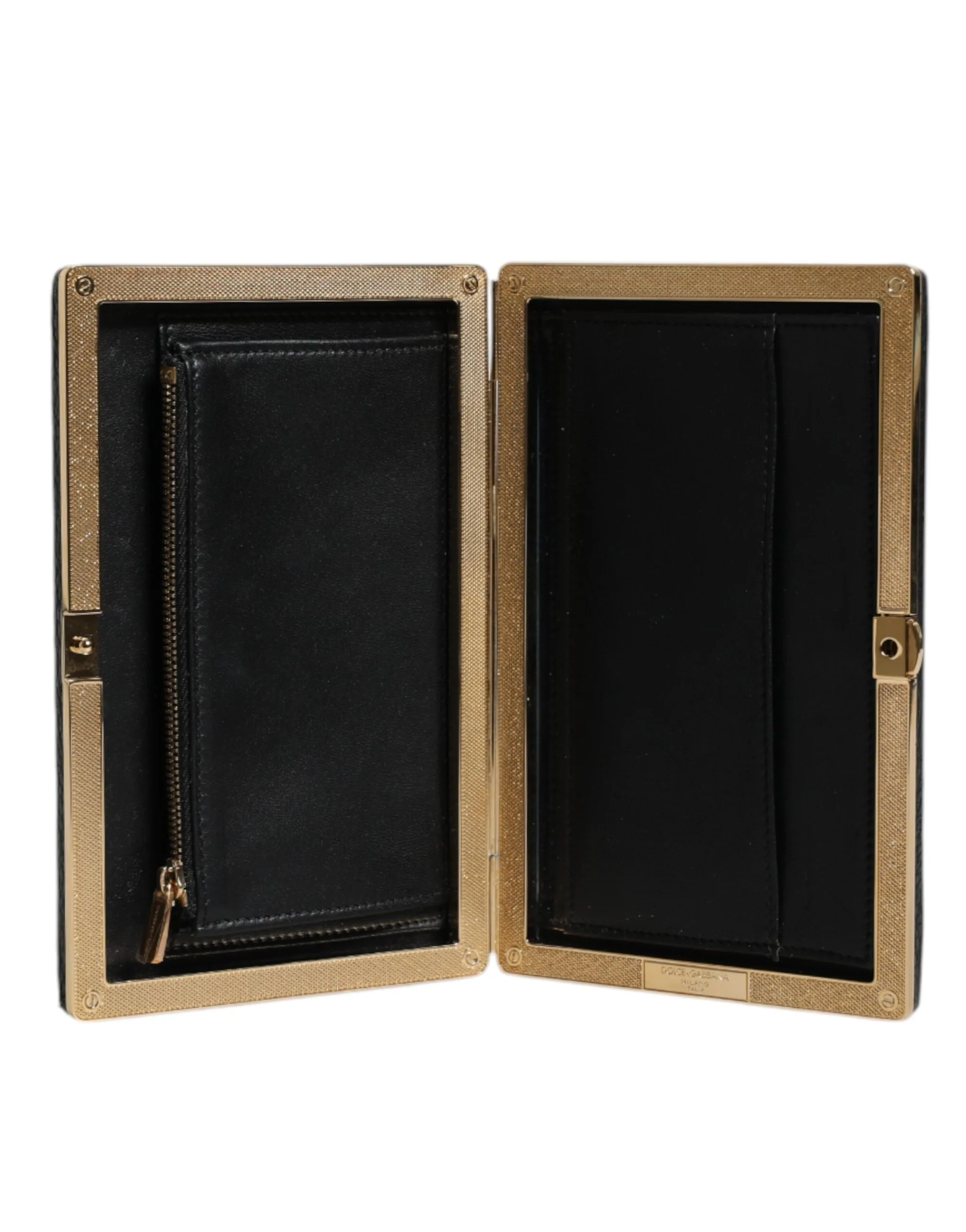 Black Leather Gold Frame Clutch Evening Party Purse Bag - Image 5
