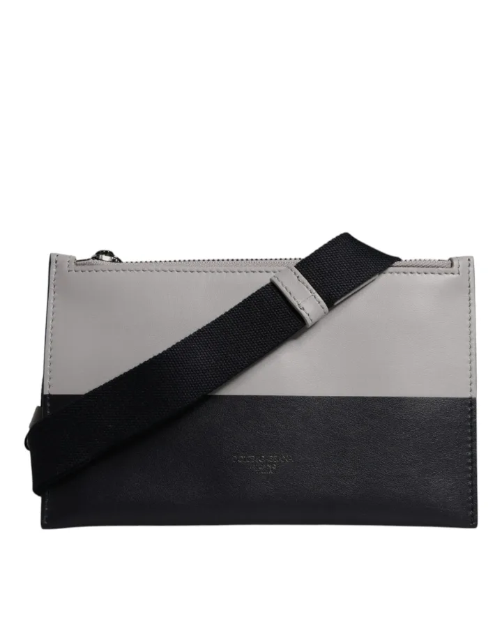 Black White Leather Logo Embossed Crossbody Bag